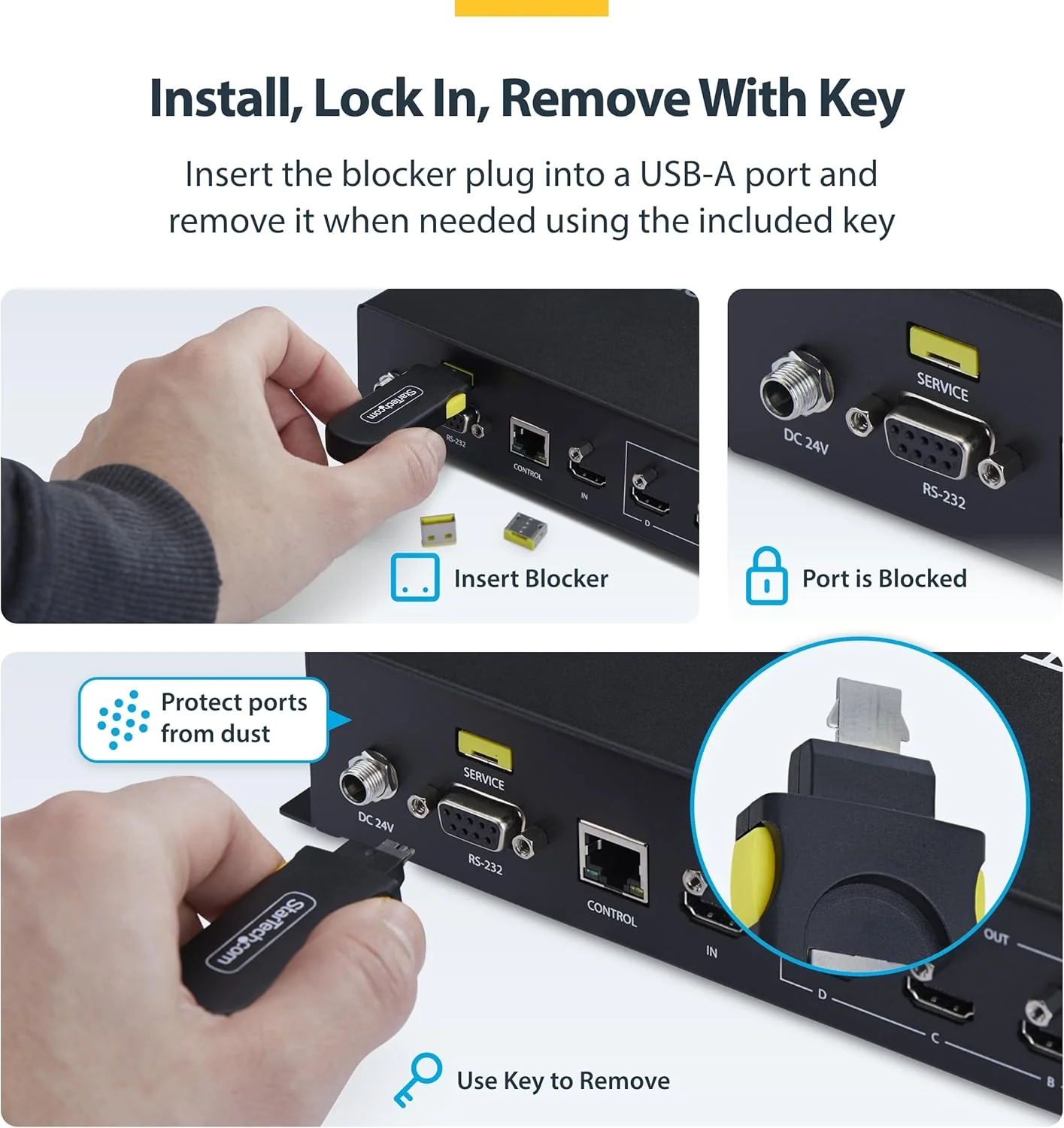 StarTech USB-A Port Blocker Key with 4x Latching USB-A Dust Cover Plugs, Snap-In Port Protectors for Laptops and Computers - Image 5