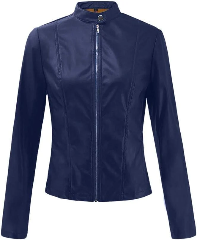 Leather Jackets for Womens,Zipper Button Down Solid Color Crop Leather Coats Fashion Punk Lepel Motor Jacket - Image 3