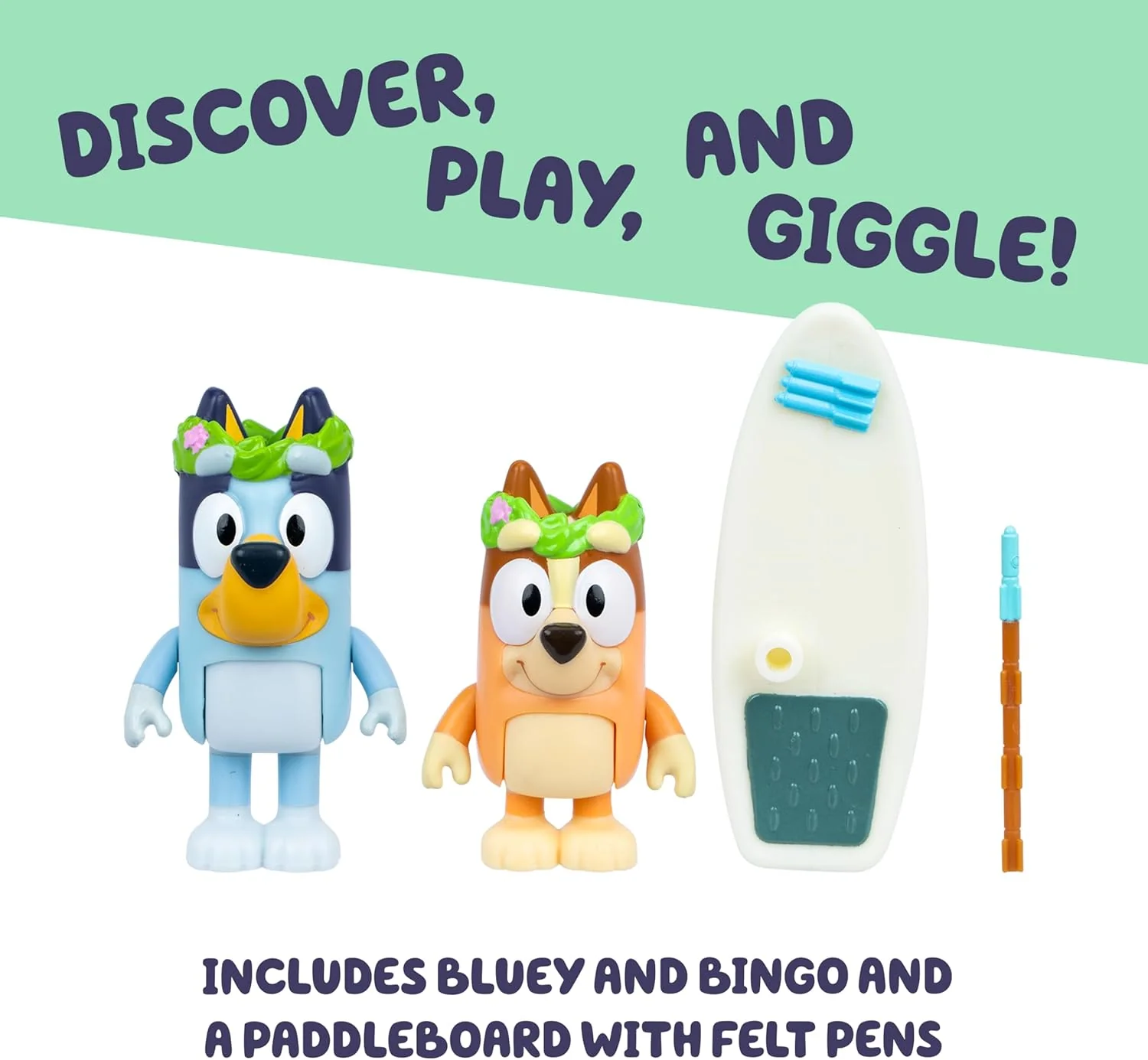 Bluey Figuur 2-pack tapijt eiland. 2 afleveringen thema figuren met bewegende armen en paddleboard accessoires, 2,5-3" (6-7,6 cm) beweegbaar speelgoed voor kinderen. Maak momenten van The Episode Rug - Image 3