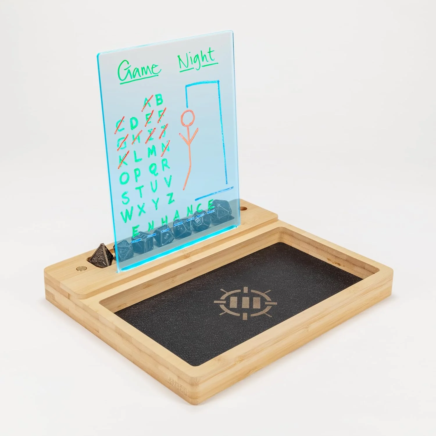 ENHANCE Tabellone LED Scrivibile Vaschetta Porta Dadi per Giochi da Tavolo Tray per Lancio Dadi con 7 Colori LED, Controllo Touch 4 Pennarelli, Base in Bamb Eco Ideale per Game Night, MTG e RPG - Image 2