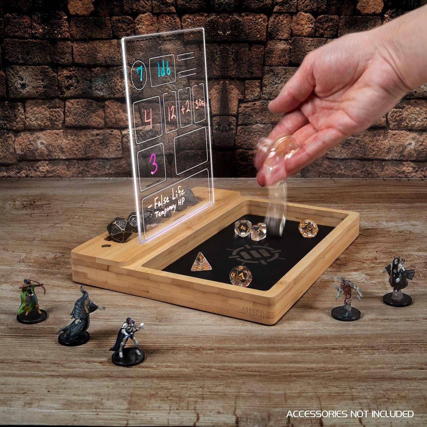 ENHANCE Tabellone LED Scrivibile Vaschetta Porta Dadi per Giochi da Tavolo Tray per Lancio Dadi con 7 Colori LED, Controllo Touch 4 Pennarelli, Base in Bamb Eco Ideale per Game Night, MTG e RPG - Image 3