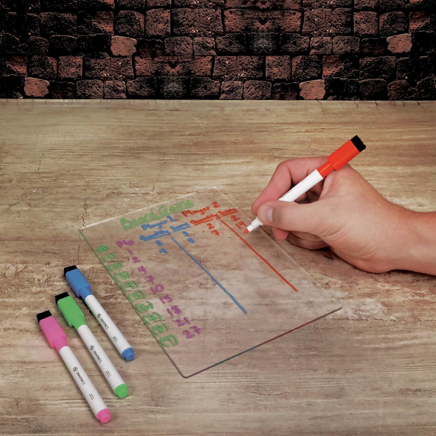 ENHANCE Tabellone LED Scrivibile Vaschetta Porta Dadi per Giochi da Tavolo Tray per Lancio Dadi con 7 Colori LED, Controllo Touch 4 Pennarelli, Base in Bamb Eco Ideale per Game Night, MTG e RPG - Image 4