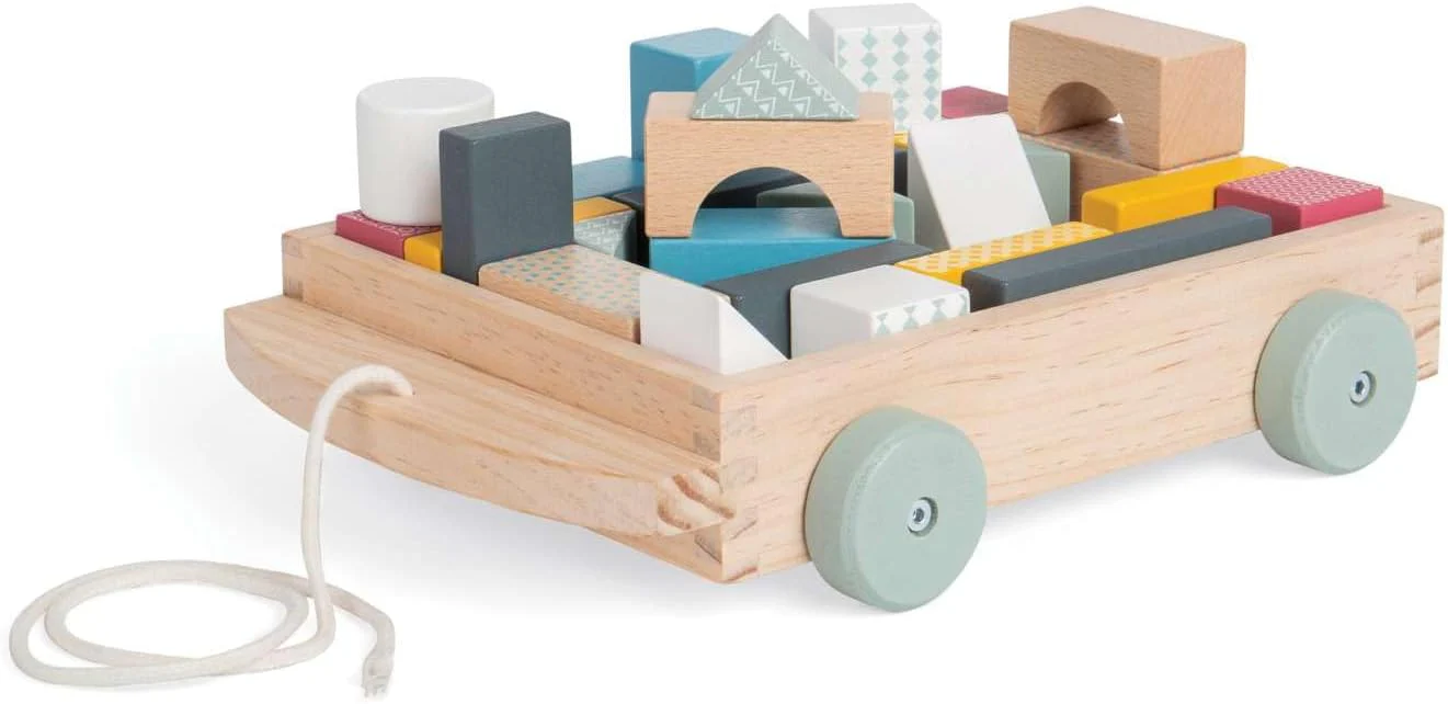 Bigjigs Toys FSC Certified Brick Pull Along Cart - Wooden Pull Along Wagon with Baby Blocks for 18 months +, Sustainable Pull Along Toy & Wooden Baby Walker, Educational Shape Game - Image 2