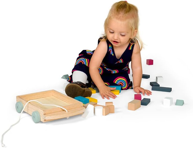 Bigjigs Toys FSC Certified Brick Pull Along Cart - Wooden Pull Along Wagon with Baby Blocks for 18 months +, Sustainable Pull Along Toy & Wooden Baby Walker, Educational Shape Game - Image 4