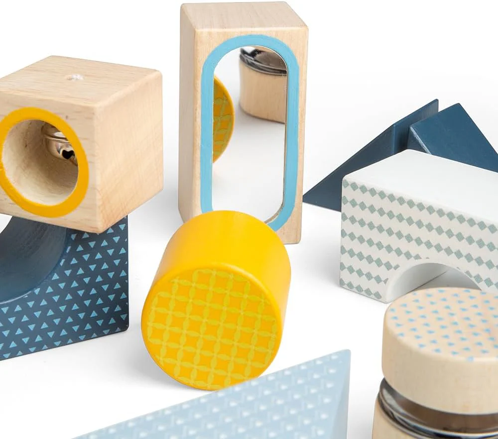 Bigjigs Toys Sensory Explorer-blokken - 14-delige houten bouwstenen met dienblad, stapelvormen voor baby's en peuters, milieuvriendelijk en duurzaam gemaakt, Montessori-cadeaus voor kinderen, vanaf 18 - Image 3