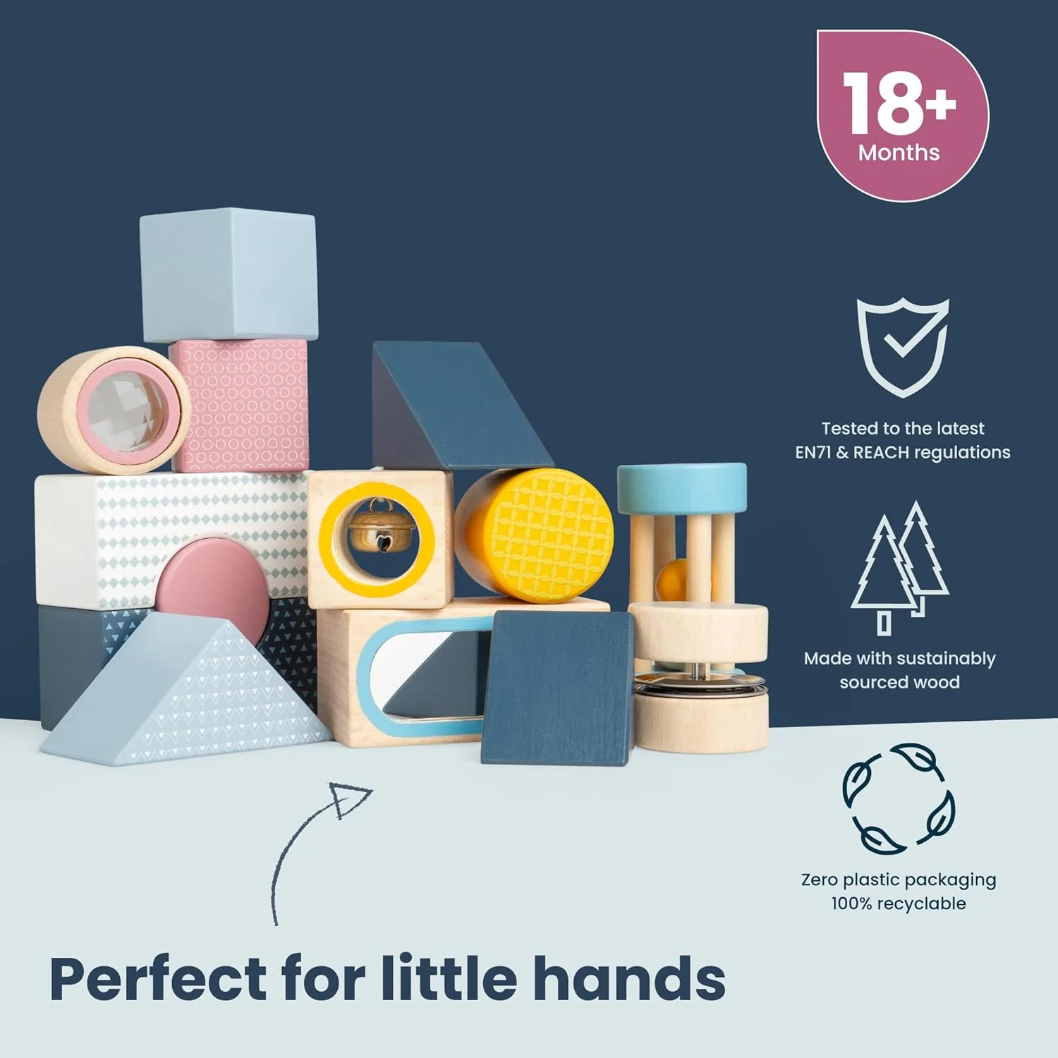 Bigjigs Toys Sensory Explorer-blokken - 14-delige houten bouwstenen met dienblad, stapelvormen voor baby's en peuters, milieuvriendelijk en duurzaam gemaakt, Montessori-cadeaus voor kinderen, vanaf 18 - Image 4