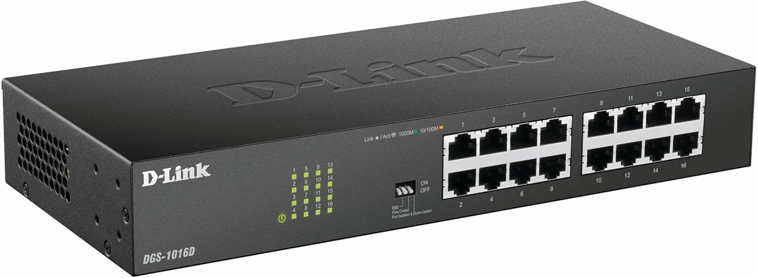 D-Link DGS-1016D 16-Port Green Ethernet Copper Gigabit Switch, Hub, Internet Splitter, Metal, Fanless, Plug and Play - UK Model, black DGS-1016D - Image 2