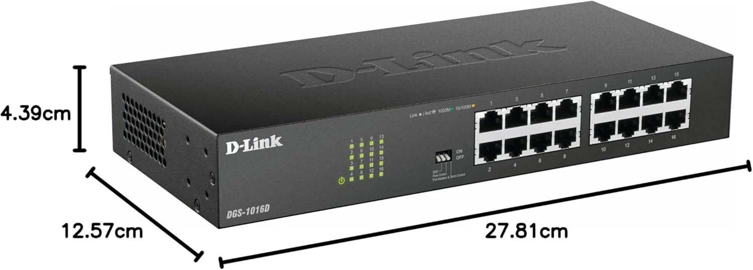 D-Link DGS-1016D 16-Port Green Ethernet Copper Gigabit Switch, Hub, Internet Splitter, Metal, Fanless, Plug and Play - UK Model, black DGS-1016D - Image 6