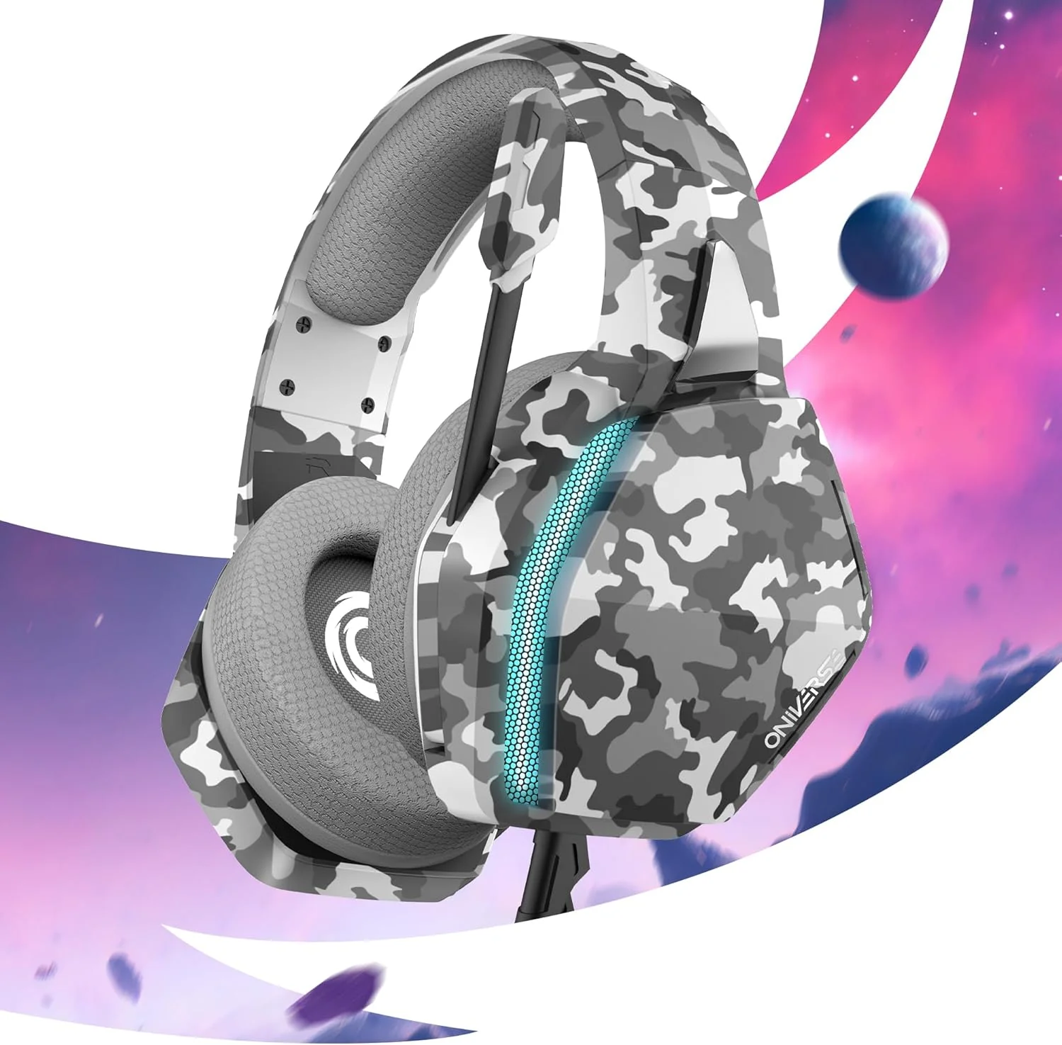 Oniverse Gaming-headset PS5 PS4 Switch Xbox PC Mac met verstelbare microfoon, LED, luidsprekers 50 mm, oorkussens van ademende stof, bekabeld, Nebula (Urban Camo/grijs - Image 2