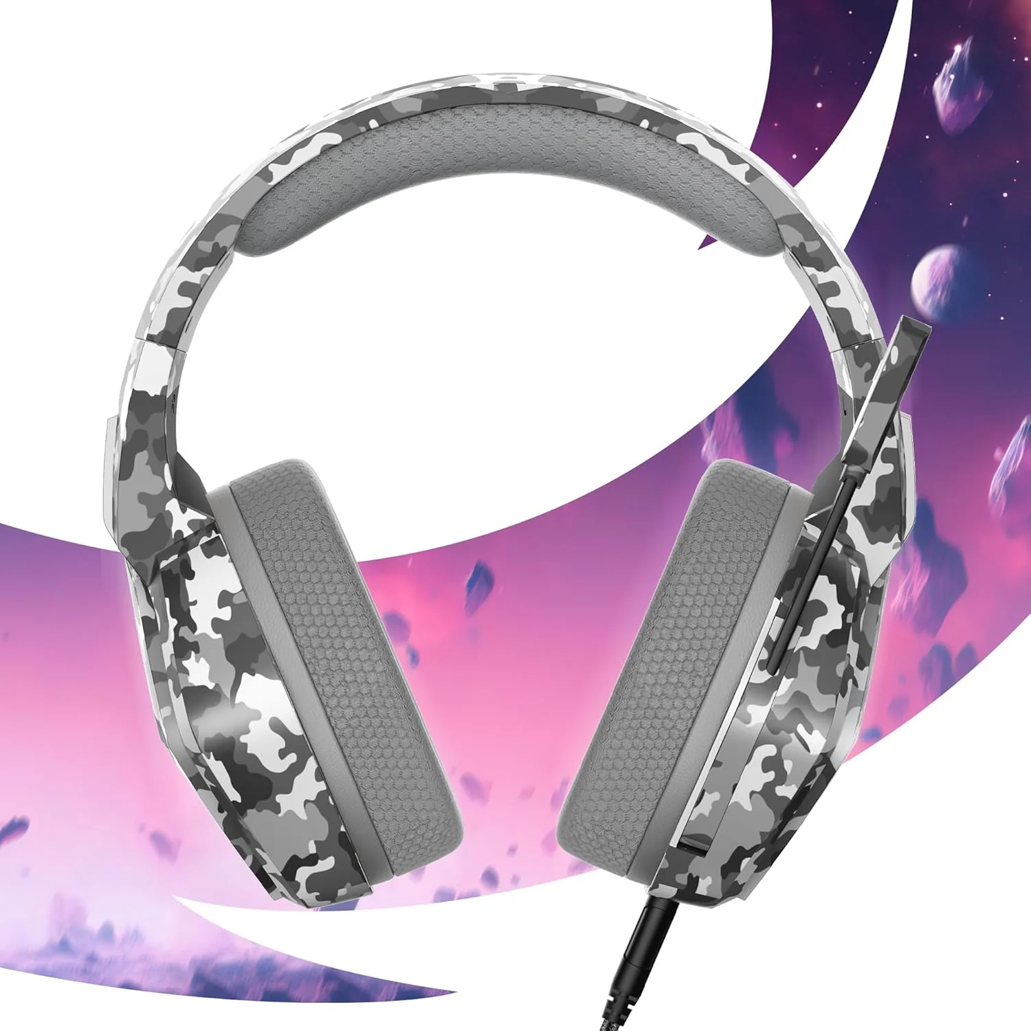 Oniverse Gaming-headset PS5 PS4 Switch Xbox PC Mac met verstelbare microfoon, LED, luidsprekers 50 mm, oorkussens van ademende stof, bekabeld, Nebula (Urban Camo/grijs - Image 5
