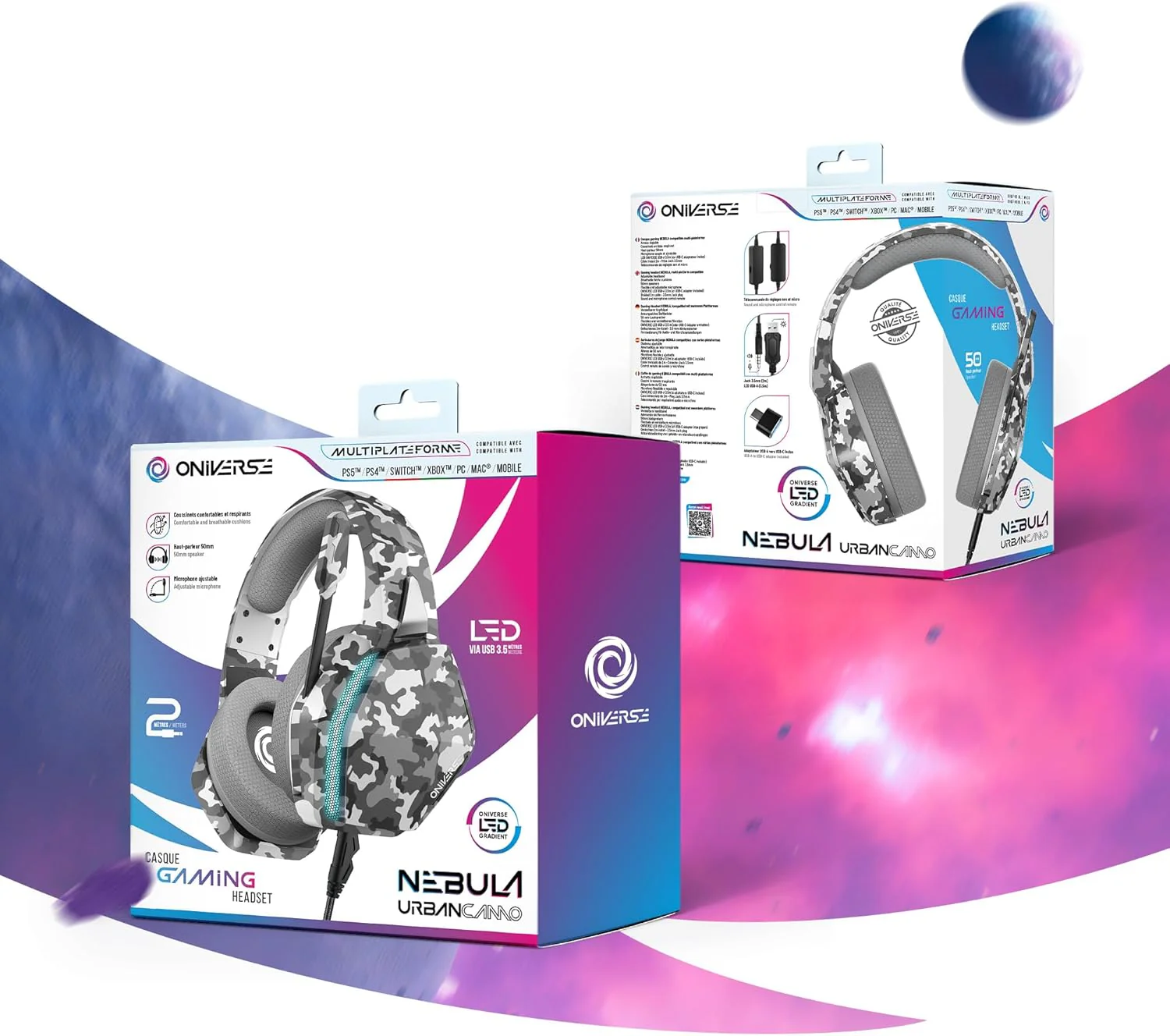 Oniverse Gaming-headset PS5 PS4 Switch Xbox PC Mac met verstelbare microfoon, LED, luidsprekers 50 mm, oorkussens van ademende stof, bekabeld, Nebula (Urban Camo/grijs - Image 6