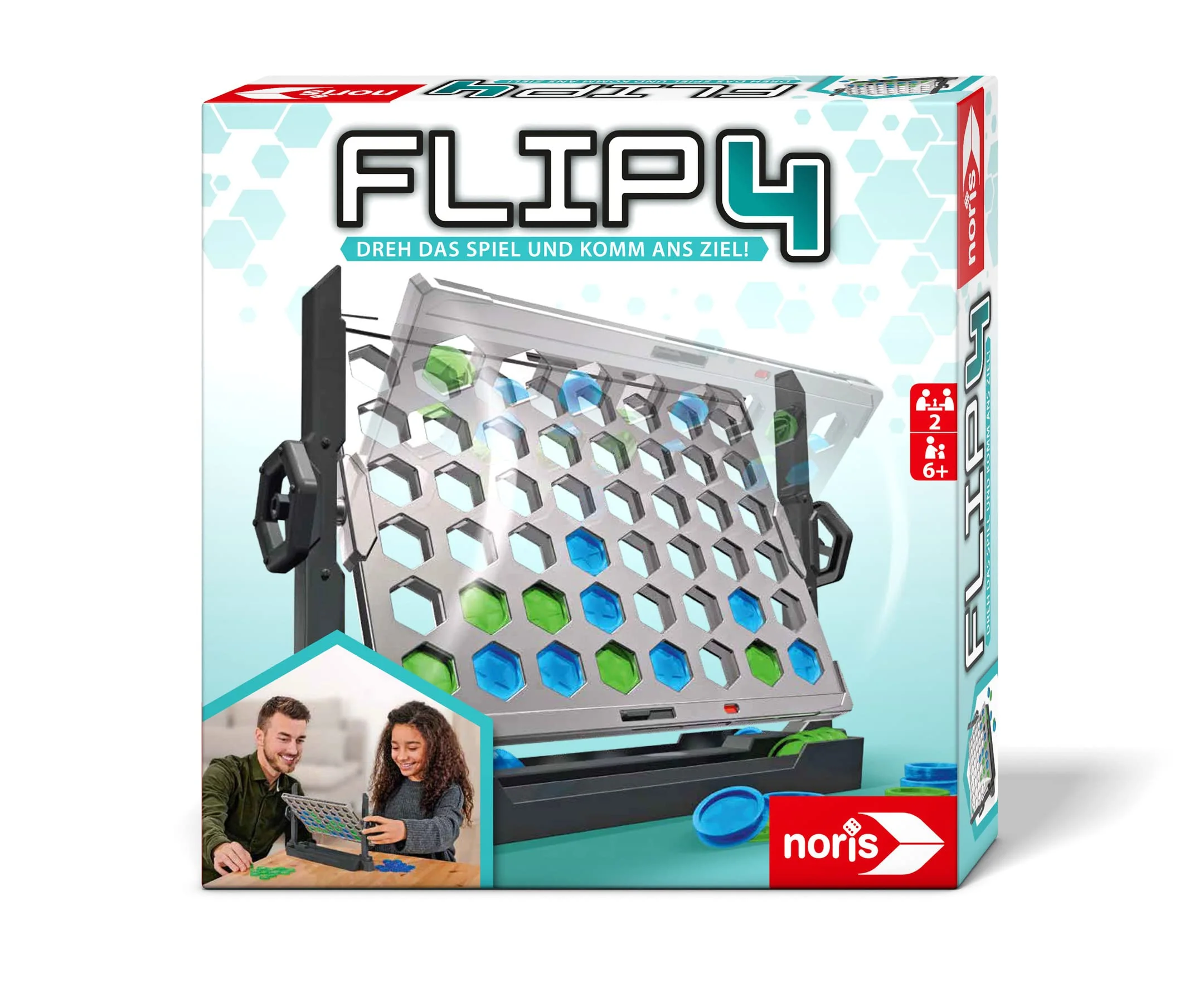 Noris Flip4 606064599 Classic Game Row of 4 for Spinning for Children from 6 Years, Strategy Game for 2 Players