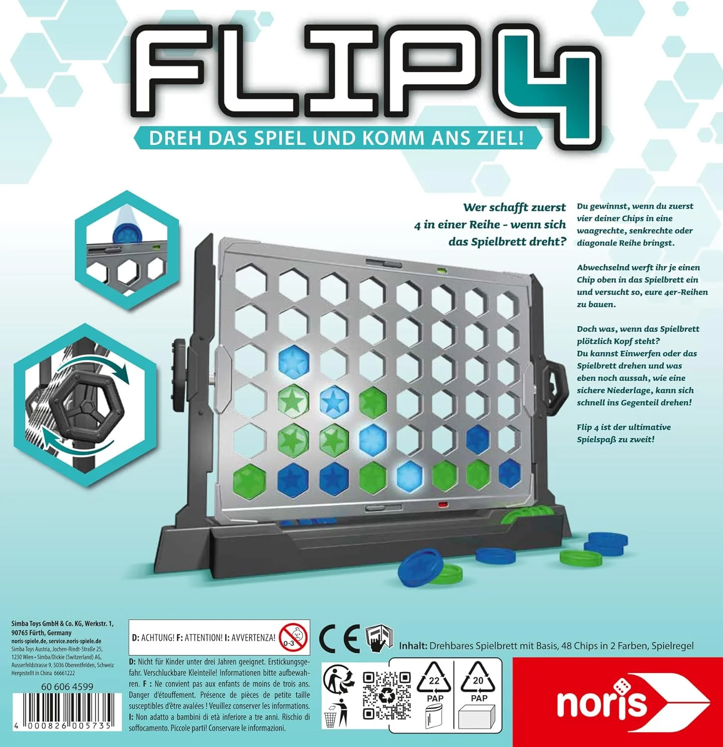 Noris Flip4 606064599 Classic Game Row of 4 for Spinning for Children from 6 Years, Strategy Game for 2 Players - Image 5