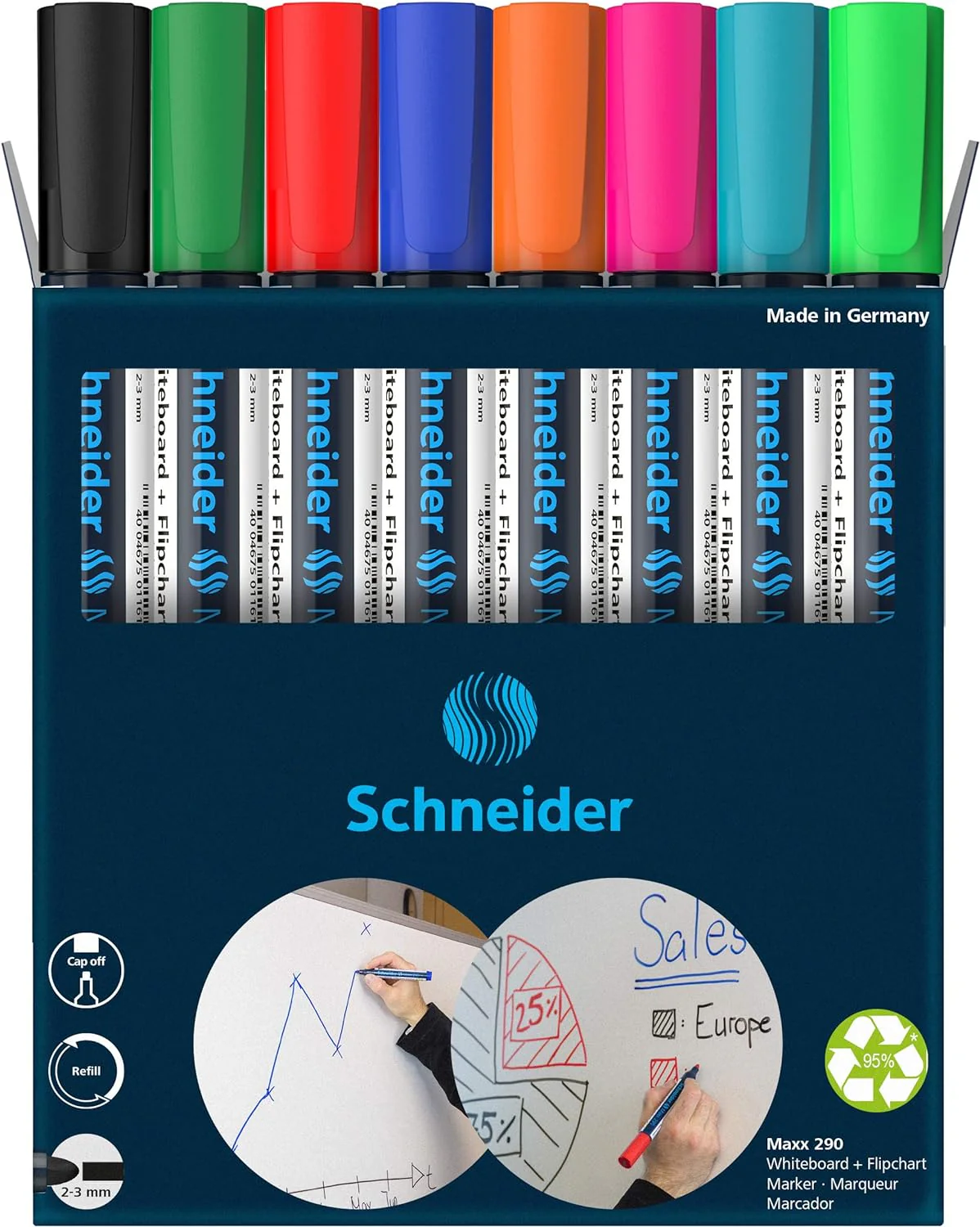 Schneider Maxx 290 Marker for Whiteboards and Flip Charts, Bullet Tip 2-3 mm Line Width, Dry Wipe Clean, High Quality, Strong and Intensive Colour) Case with 8 Colours - Image 2