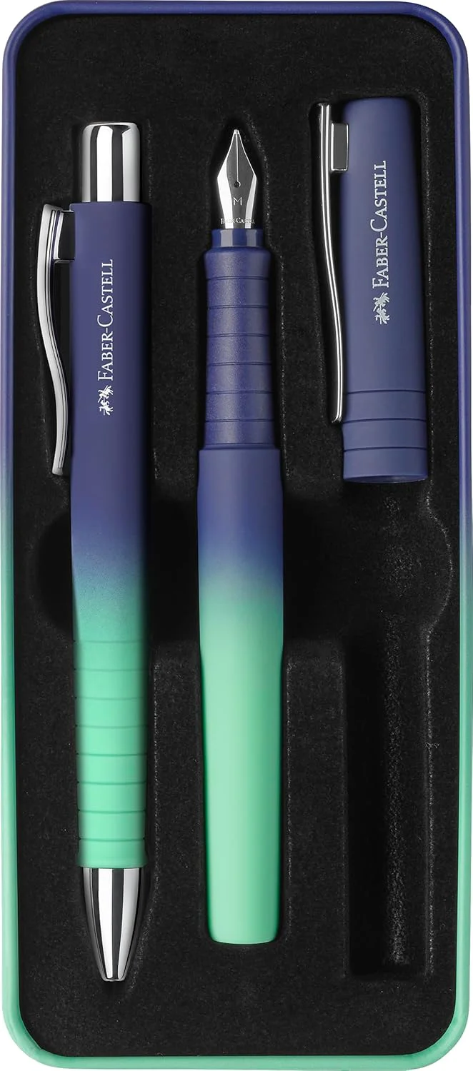 Faber-Castell 241055 - Poly Pen Writing Set with XB Ballpoint Pen and M Fountain Pen, Gift Set buzzing blue - Image 4
