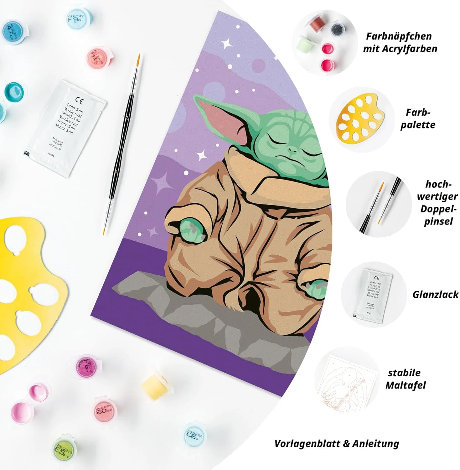Ravensburger CreArt 12023140 - Star Wars Meditierender Grogu - Malen nach Zahlen Erwachsene - DIY Set mit Pinsel und Acrylfarben - Star Wars Geschenke - Deko Wohnzimmer - Image 4