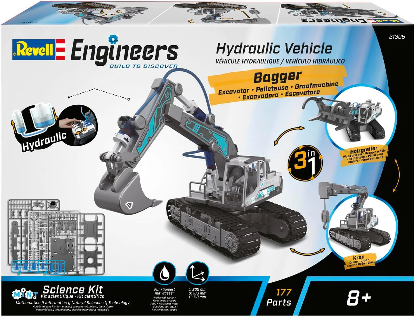Revell Engineers 21305 Hydraulic Excavator 3in1 Science Kit I 177 Parts I Water Powered I 23.5cm In Length - Image 5