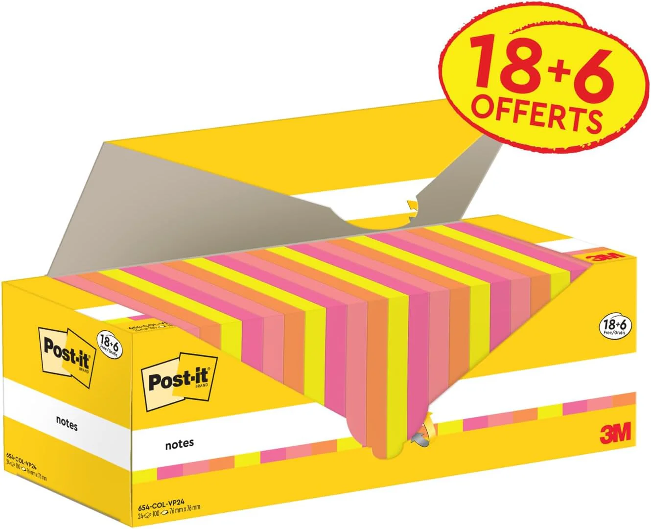 Post-it Foglietti Confezione da 18 blocchetti + 6 GRATIS, 100 Fogli per blocco, 76 mm x 76 mm, Colori Assortiti - Foglietti Adesivi Fogli Adesivi per Appunti, Elenchi & Promemoria - Image 4