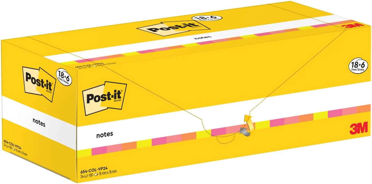 Post-it Foglietti Confezione da 18 blocchetti + 6 GRATIS, 100 Fogli per blocco, 76 mm x 76 mm, Colori Assortiti - Foglietti Adesivi Fogli Adesivi per Appunti, Elenchi & Promemoria - Image 5