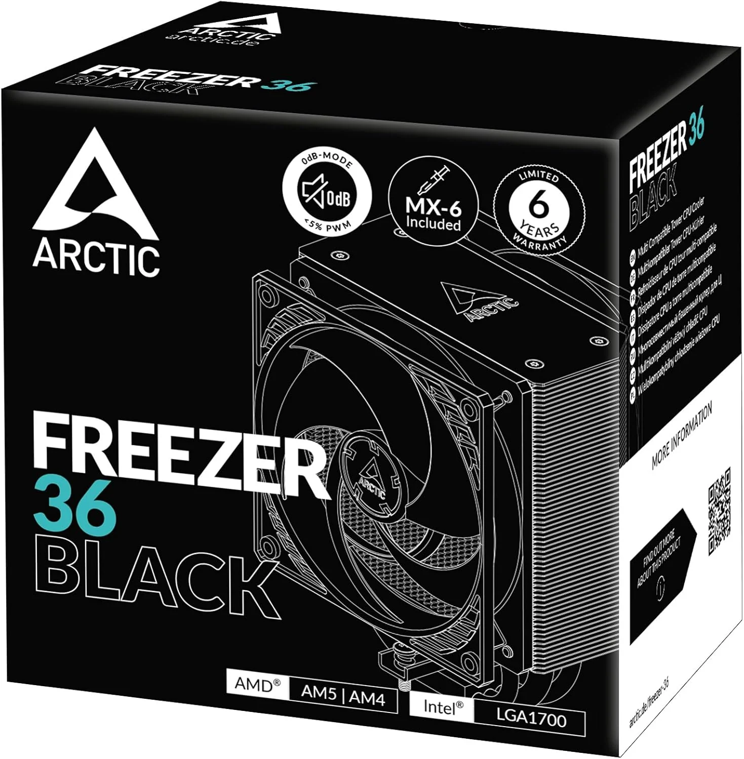 ARCTIC Freezer 36 (Black)- Single-tower CPU cooler with push-pull, two pressure-optimised 120 mm P fans, fluid dynamic bearing, 200-1800 rpm, 4 heatpipes, incl. MX-6 thermal compound - Image 3