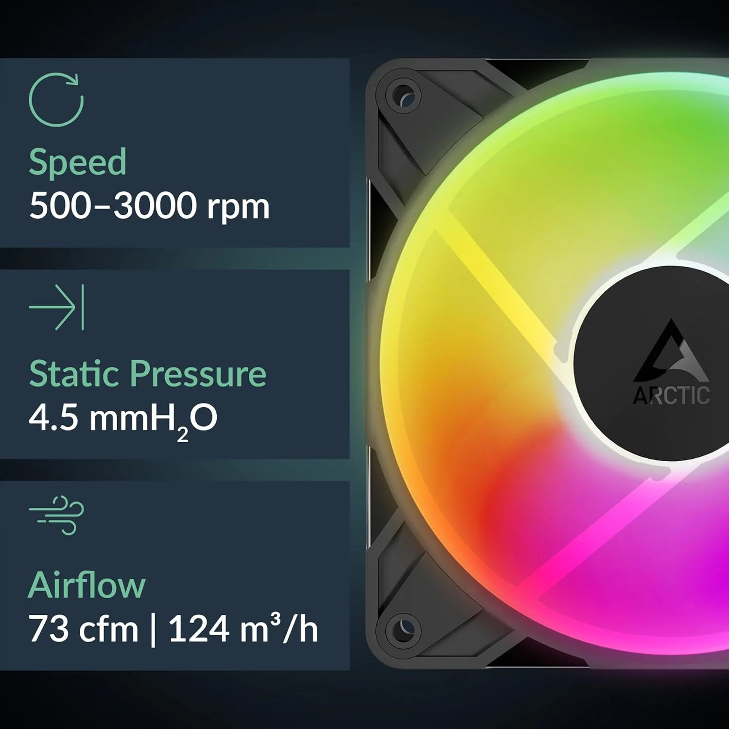 ARCTIC P12 Pro Reverse A-RGB – 120 mm Premium Fan with Reverse Airflow, PWM Fan with Y cable splitter, 500-3000 rpm, 0 rpm <5% PWM, 5V Digital RGB, hydrodynamic bearing, 4-Pin - Black - Image 5