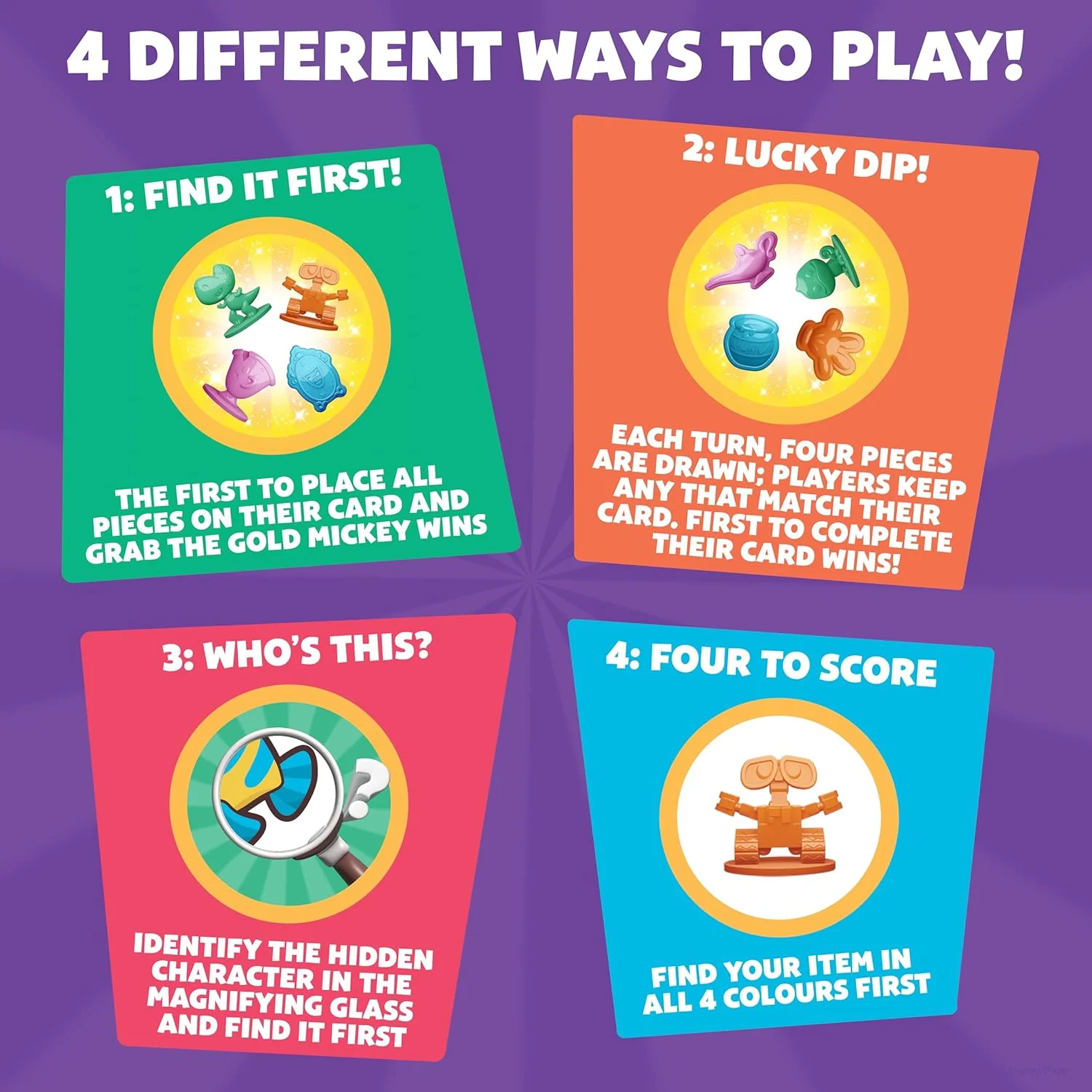 Drumond Park All 4 Won! Disney Family Game, 4-in-1 Fast-Paced Matching & Reflex Game, Spot & Grab Party Game for Kids, Disney & Pixar Characters, Fun Family Board Game for Ages 5+, 2+ Players - Image 2