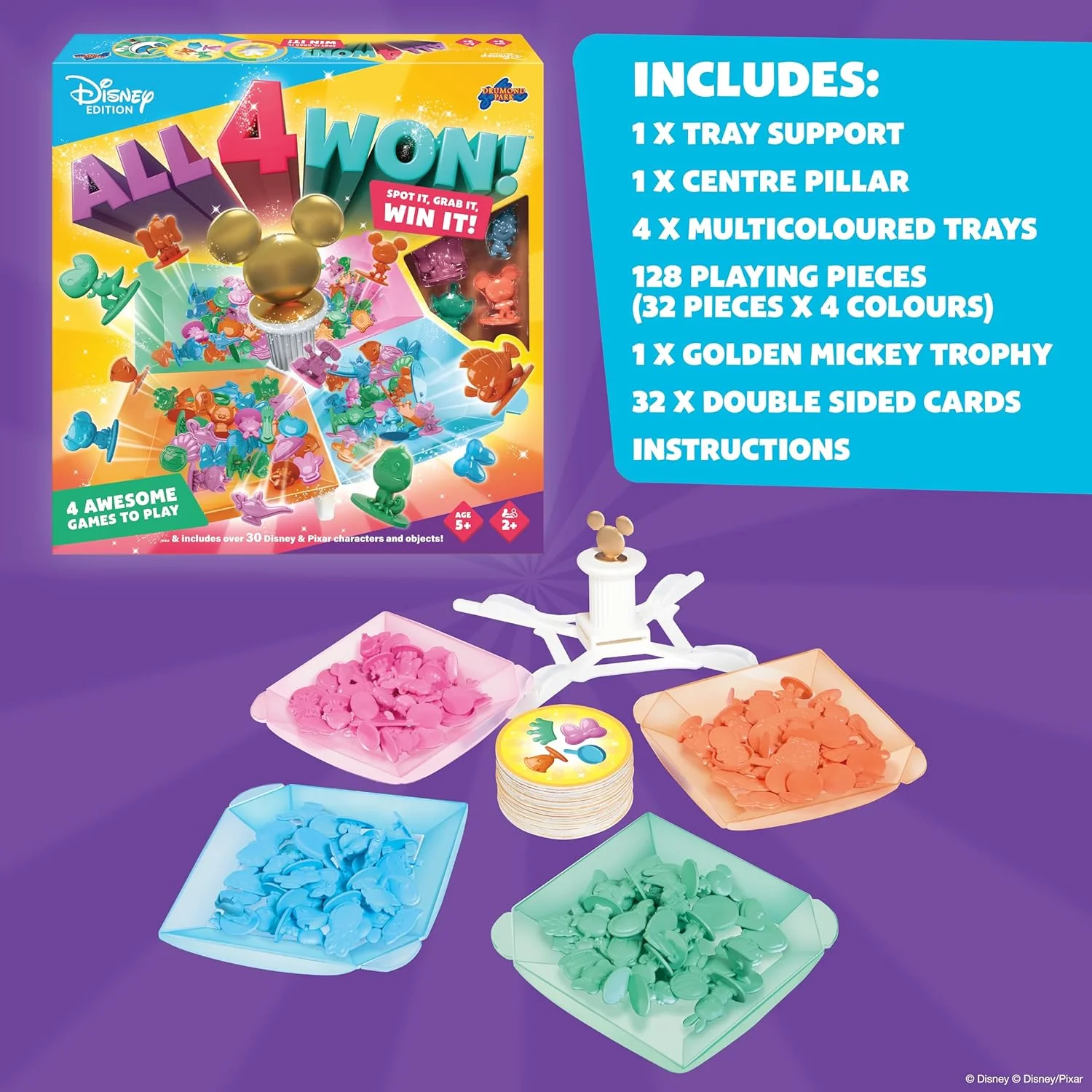 Drumond Park All 4 Won! Disney Family Game, 4-in-1 Fast-Paced Matching & Reflex Game, Spot & Grab Party Game for Kids, Disney & Pixar Characters, Fun Family Board Game for Ages 5+, 2+ Players - Image 4