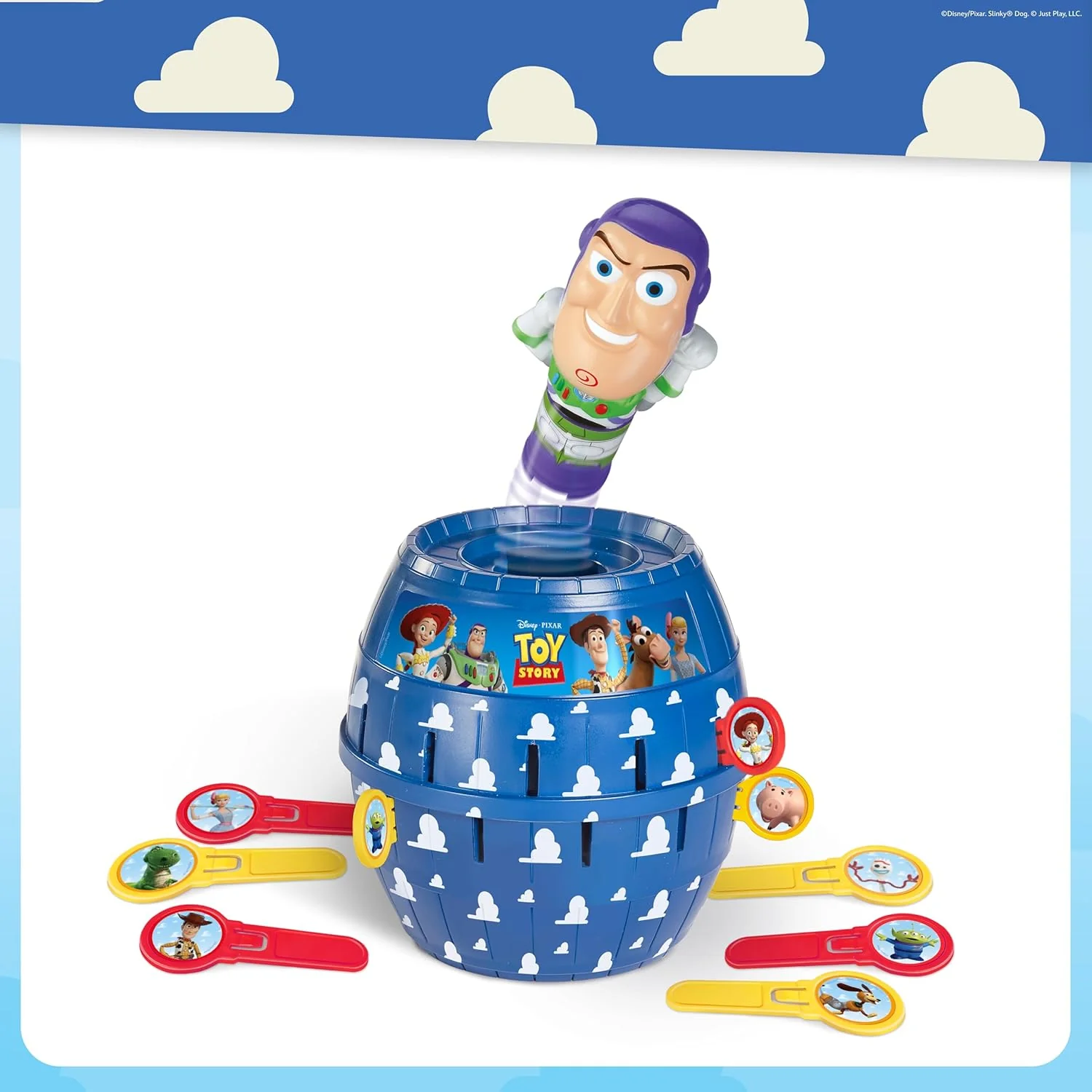 TOMY Pop Up Buzz Lightyear Game, Toy Story Kids Action Game, Family Guessing Game with Pegs, Fun Disney Pixar Buzz Lightyear Barrel Game, Fast Turn-Taking Play for 2–4 Players, Ages 4+ - Image 4
