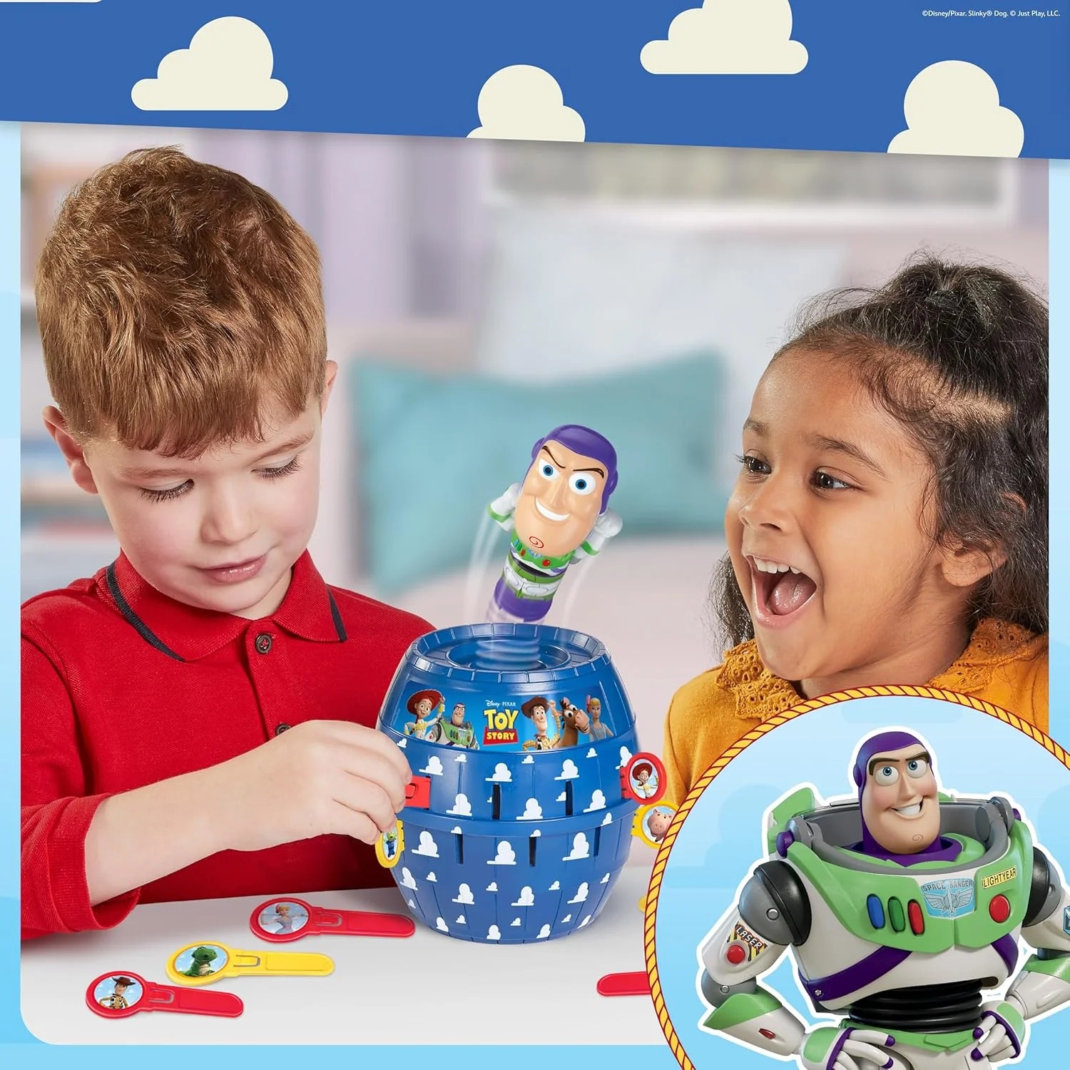 TOMY Pop Up Buzz Lightyear Game, Toy Story Kids Action Game, Family Guessing Game with Pegs, Fun Disney Pixar Buzz Lightyear Barrel Game, Fast Turn-Taking Play for 2–4 Players, Ages 4+ - Image 6