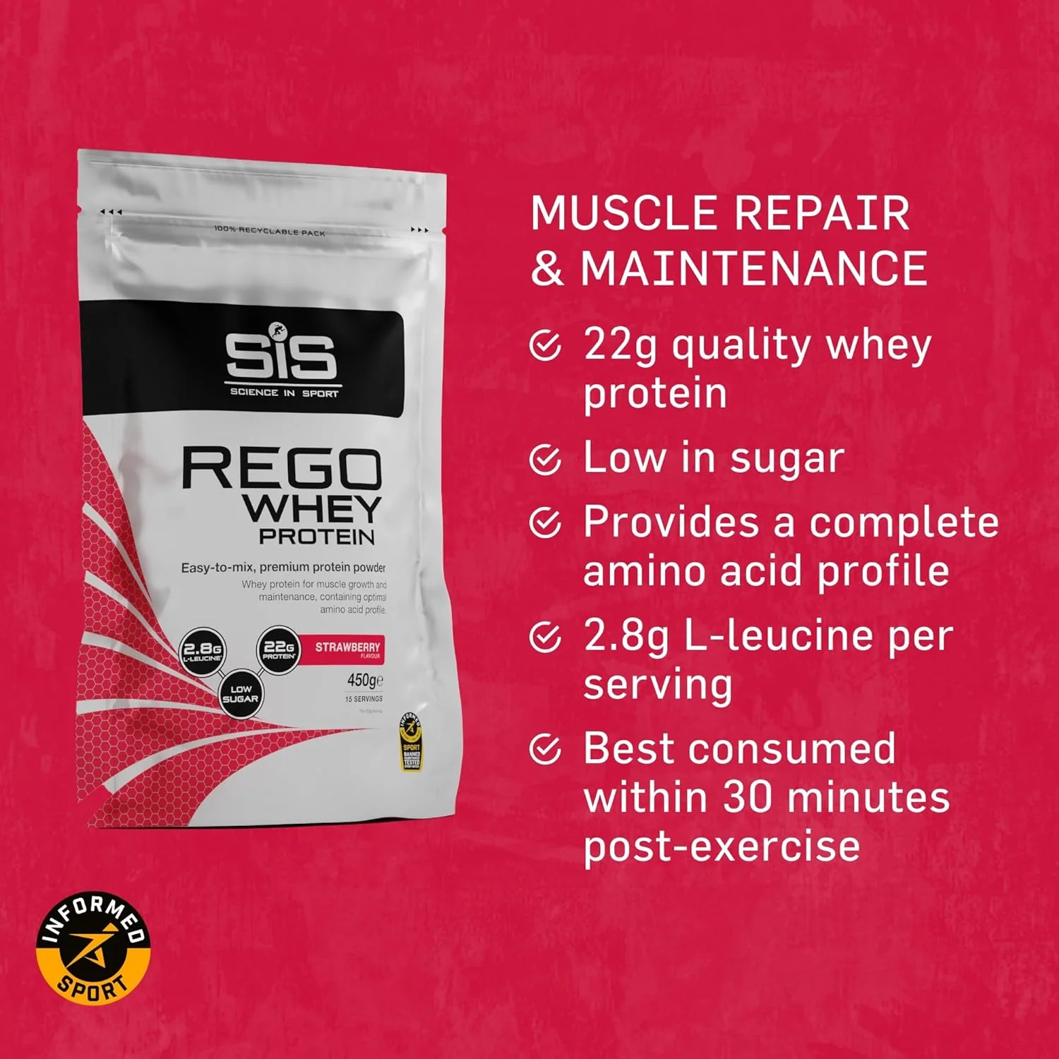 REGO Whey Protein Drink Powder - 450g - Strawberry - Image 3