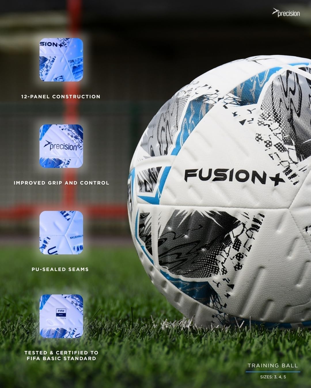 Precision Fusion Plus FIFA Basic Training Football, 12 Panel Textured TPU Match Ball, PU Sealed Seams, Grass 3G Astro - Image 7