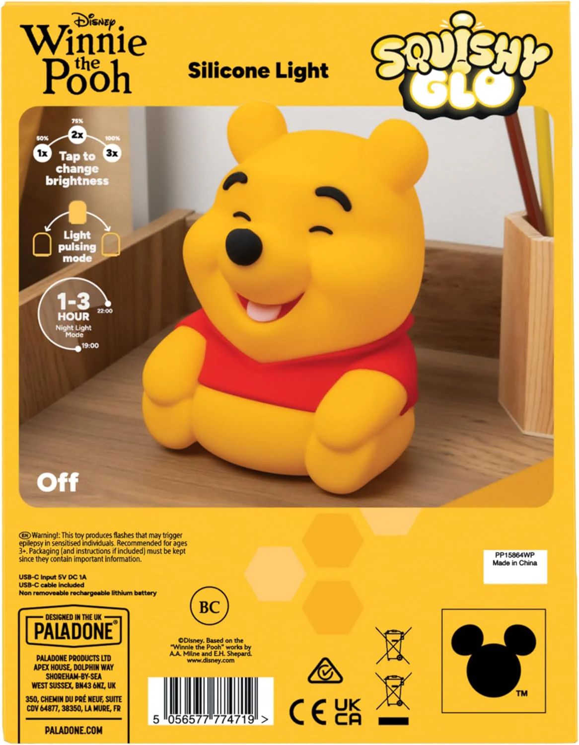 Paladone Disney Winnie the Pooh SquishyGlo Rechargeable Silicone Night Light, 15.5cm, 1–3 Hour Timer, 3 Brightness Levels, Officially Licensed - Image 6