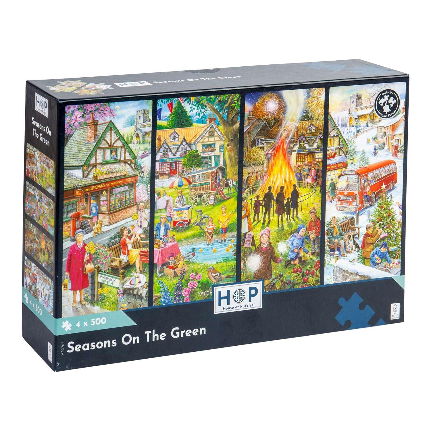 The House of Puzzles Seasons On The Green Jigsaw Set - 4 x 500 Piece Jigsaws For Adults, Multi Puzzle Pack, Artist Illustrated, Deluxe Puzzle Gifts, Sustainably Made