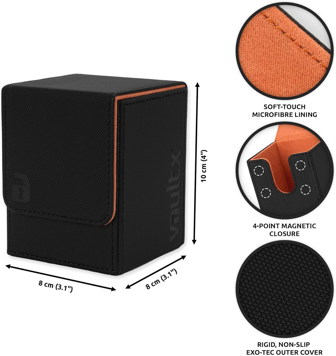 Vault X Trading Card Deck Box, 80+ sleeved cards, Premium Exo-Tec Material, Toploading Card Holder Storage Box, Magnetic Lid, for MTG Commander, TCG (Black/Orange - Image 4