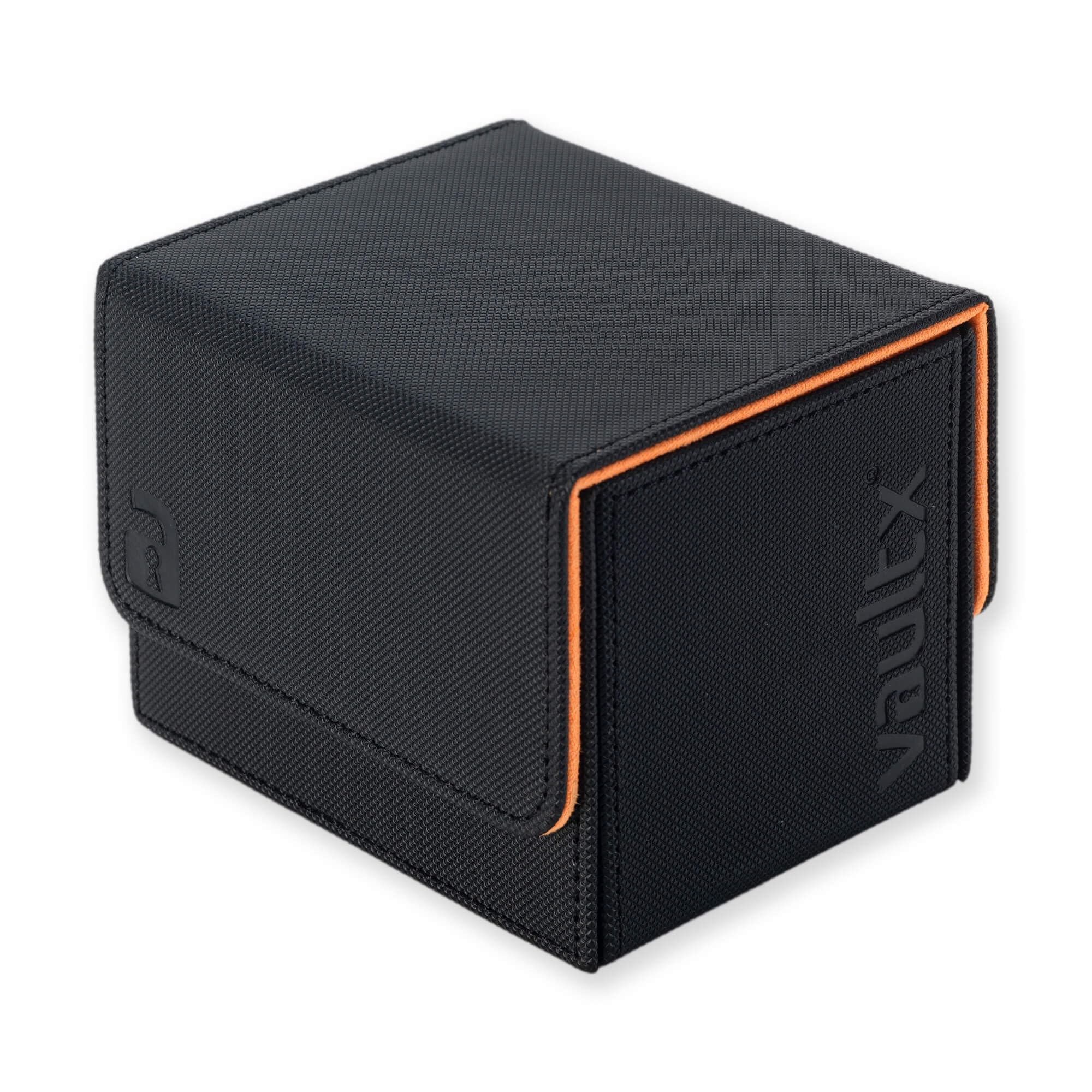 Vault X Trading Card Sideloading Deck Box, 100+ sleeved cards, Premium Exo-Tec Material, Card Holder Storage Box, Detachable Magnetic Lid, for MTG Commander Game, TCG (Black/Orange