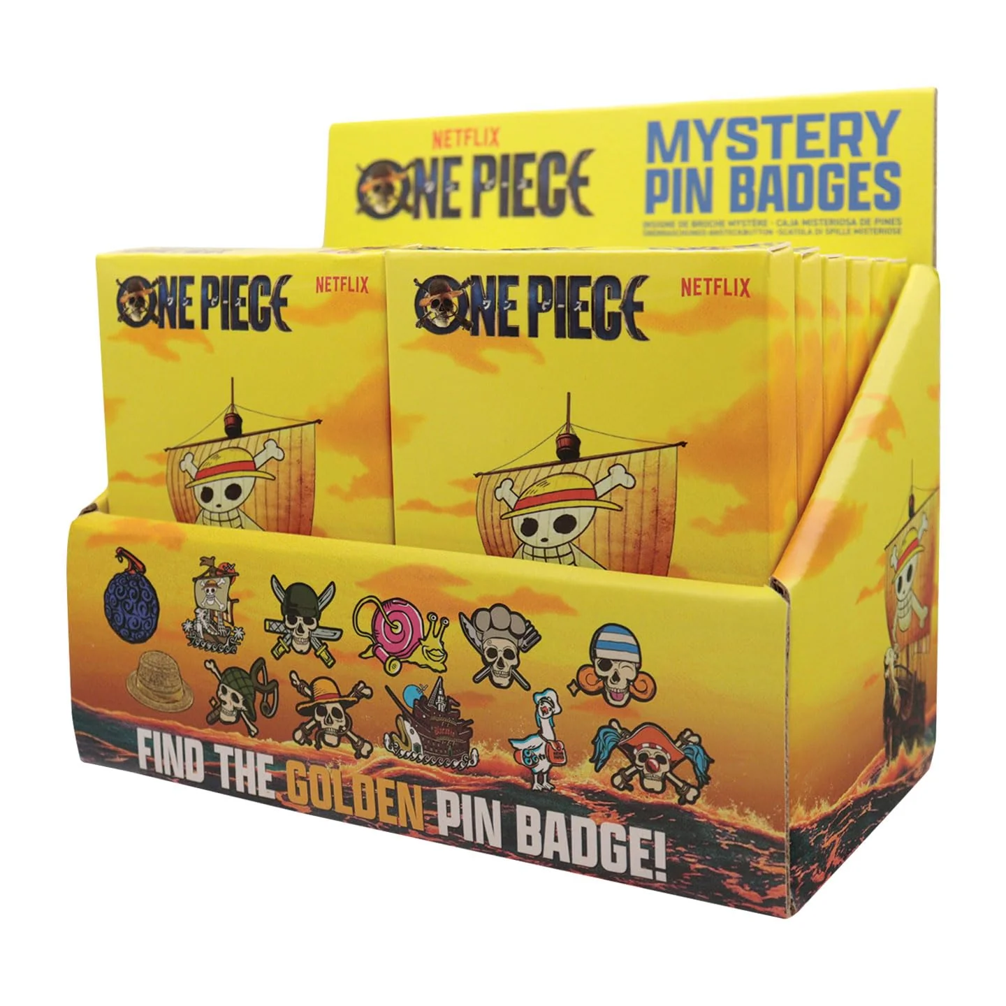 One Piece Mystery Pin Badge CDU Containing 12 Blind Boxes, Widest 43mm, tallest 56mm, Metall