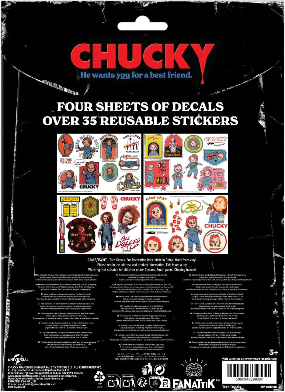 Chucky Tech Aufkleber-Set – 4 wiederverwendbare Vinylbögen mit über 35 Horror-Aufklebern mit Kinderspiel-Icons für Laptop, Telefon, Konsole und Wasserflasche Dekoration - Image 3