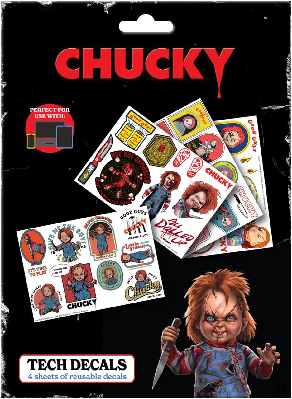 Chucky Tech Aufkleber-Set – 4 wiederverwendbare Vinylbögen mit über 35 Horror-Aufklebern mit Kinderspiel-Icons für Laptop, Telefon, Konsole und Wasserflasche Dekoration - Image 4