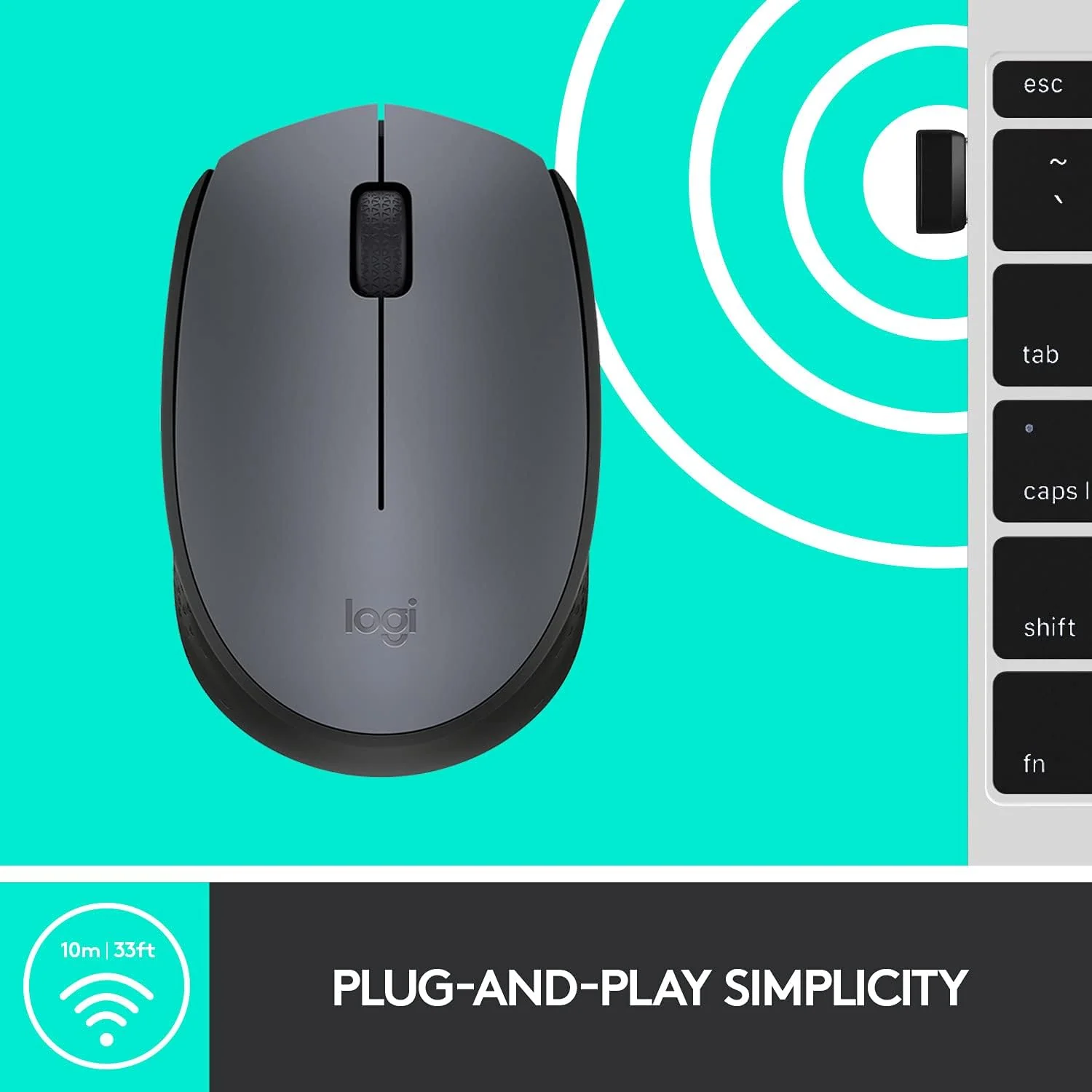 Logitech M170 Wireless Mouse, 2.4 GHz with USB Nano Receiver, Optical Tracking, 12-Months Battery Life, Ambidextrous, PC / Mac / Laptop - Black/Grey - Image 3