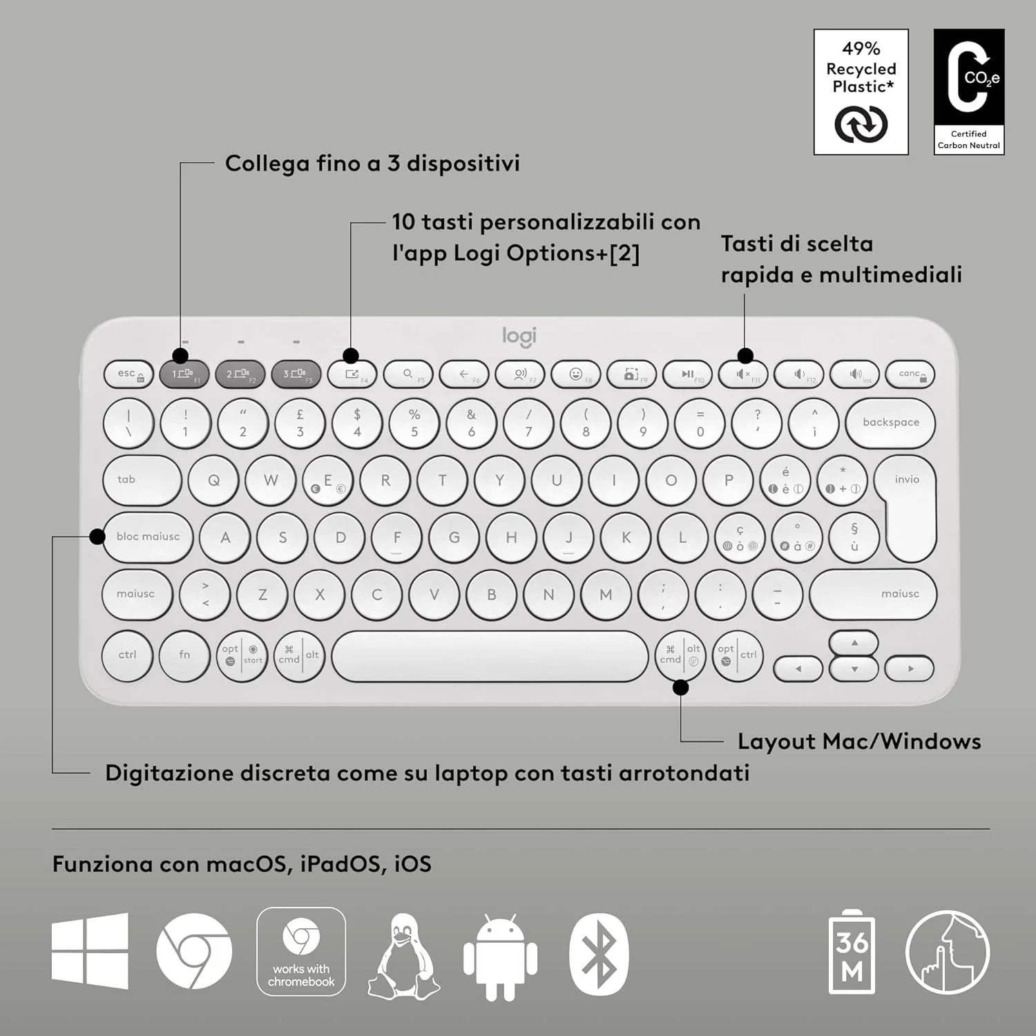 Logitech Pebble Keys 2 K380s, tastiera wireless Bluetooth multidispositivo con tasti di scelta rapida personalizzabili, Easy-Switch, Windows, macOS, iPadOS, Android, ChromeOS, italiano QWERTY - Image 3