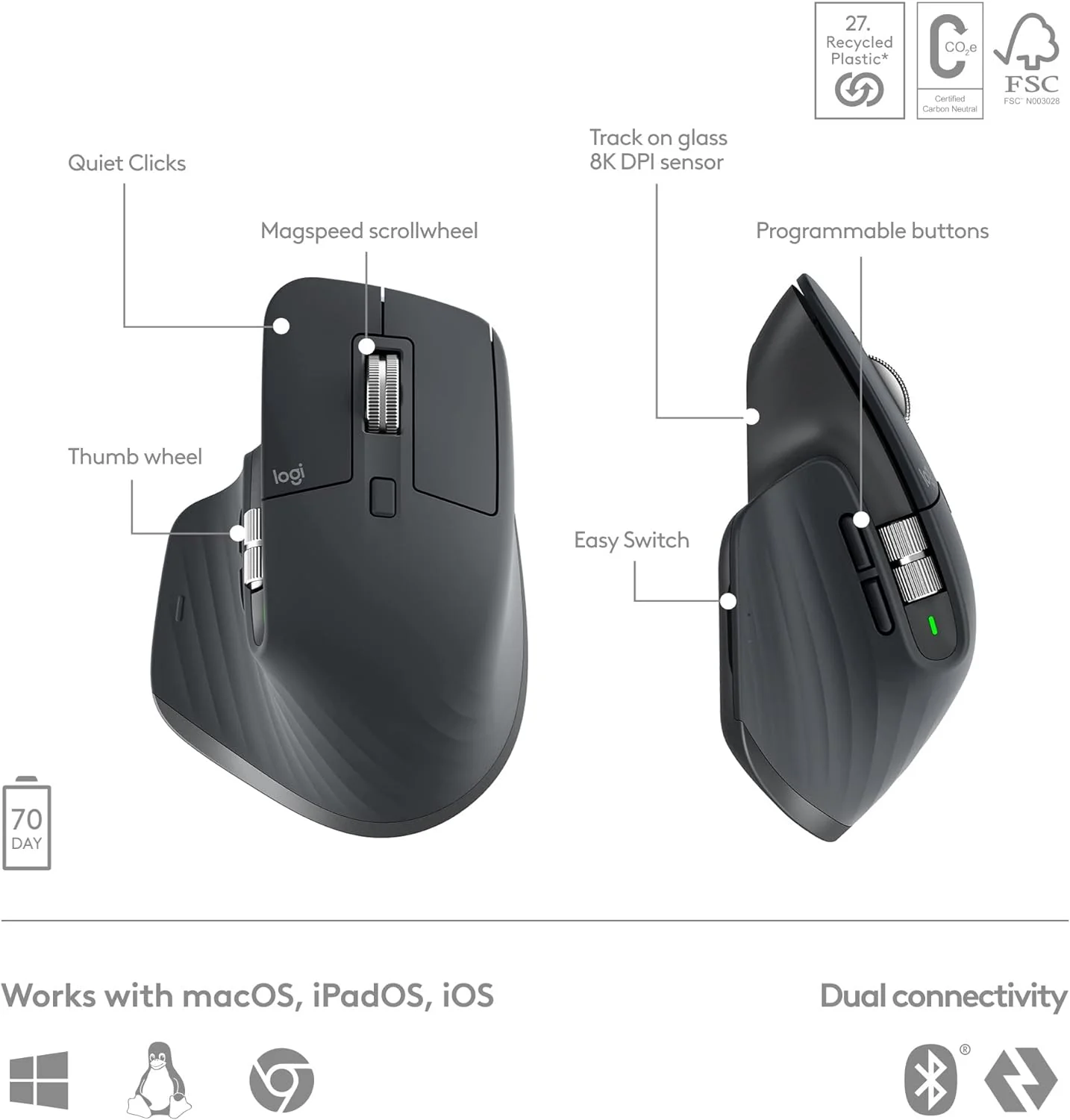 Logitech MX Keys S COMBO - Performance Wireless Keyboard and Mouse with Palm Rest, Customisable Illumination, Fast Scrolling, Bluetooth, USB C, Windows, Linux, Chrome, Mac, QWERTY UK Layout - Image 2
