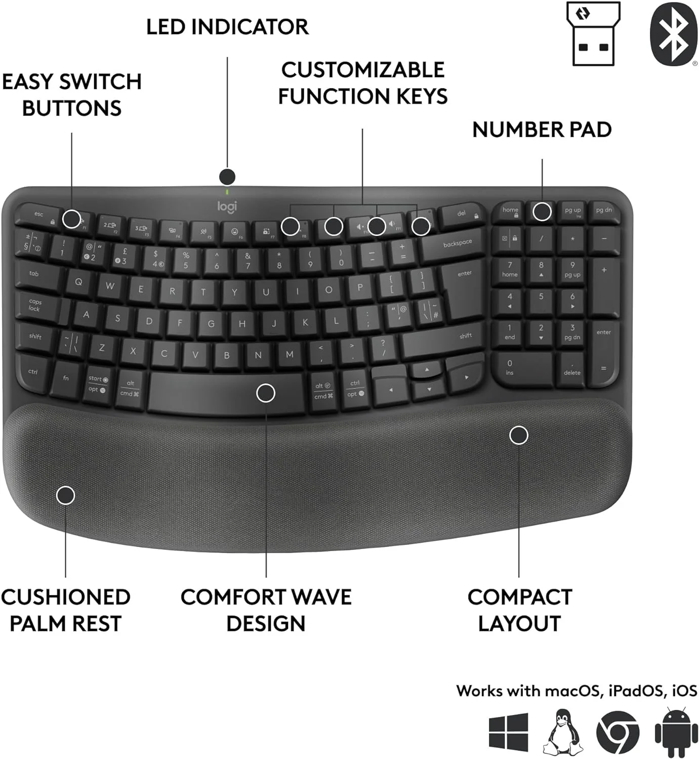 Logitech Wave Keys for Business, Wireless Ergonomic Keyboard with Cushioned Palm Rest, Secure Logi Bolt Technology, Bluetooth, Compatible with Windows/Mac/Chrome/Linux - Graphite - Image 4