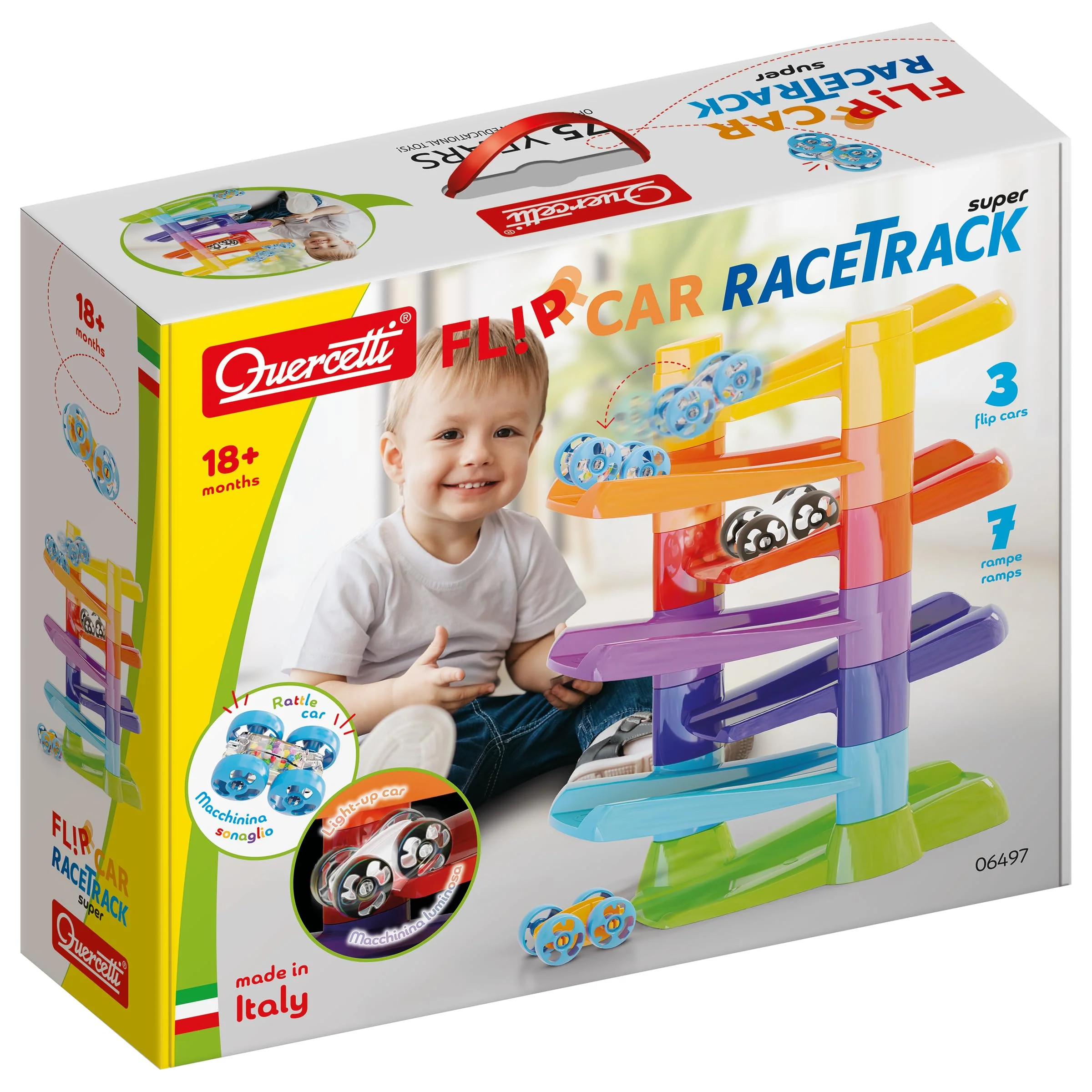 QUERCETTI - Flip Car Race Track Superbaan voor ks en auto's kinderen van 18 maanden + - Montessori-spel - creatief en educatief spel - cadeau voor jongens van 2 tot 3 jaar - speelgoed Made in