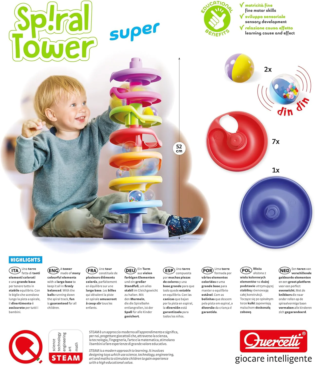 QUERCETTI Spiral Tower Super, kbaan voor kinderen met 7 spiralen en 1 stabiele basis, educatief spel voor kinderen 1+, stimuleert coördinatie en fijne motoriek, creatief speelgoed in meerkleurig - Image 3