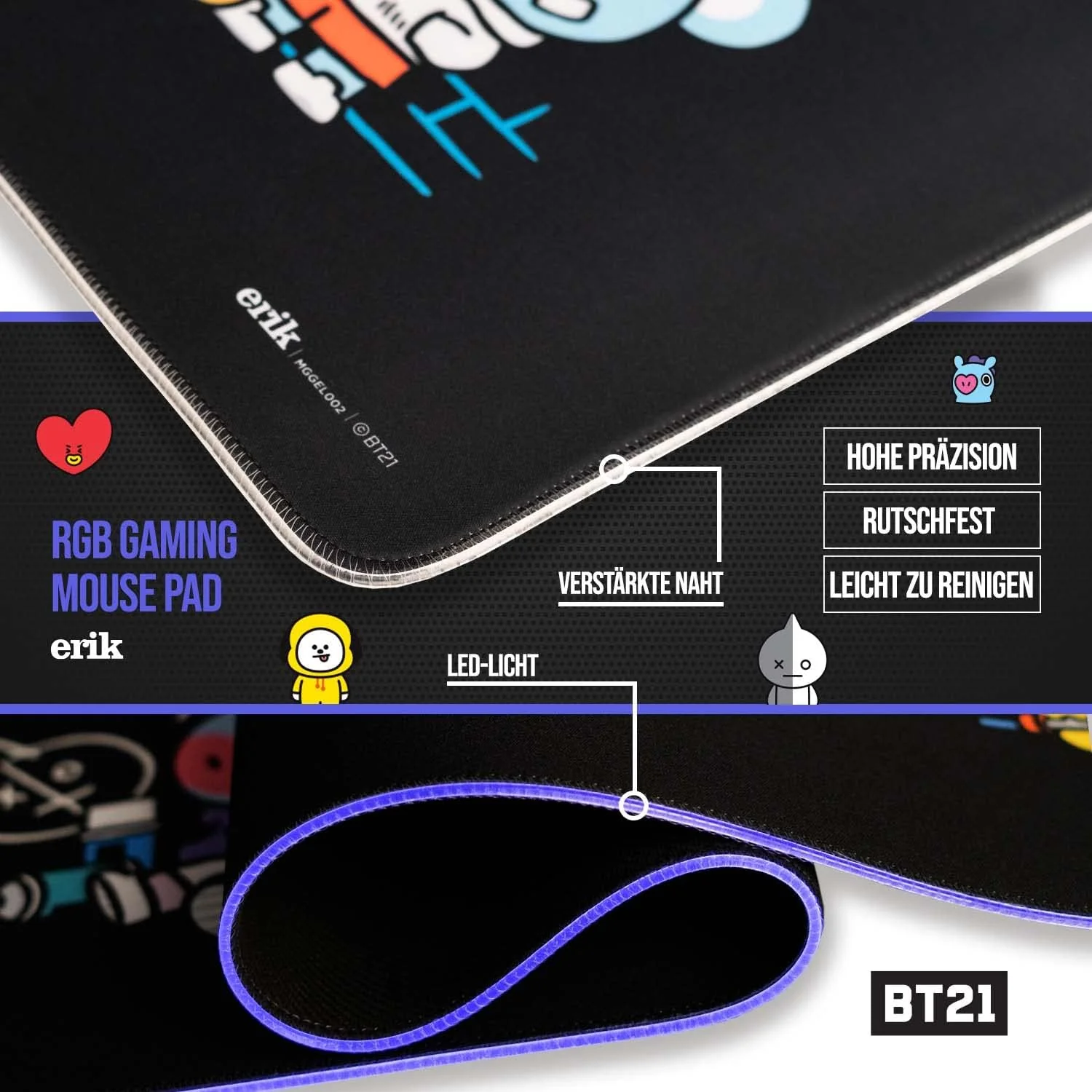 Mousepad - Mauspad LED BT21 - RGB Mauspad XXL 14 LED-Licht-Modus mit rutschfestem Gummigrundfläche und USB-Kabel - Mousepad XXL - Gaming mauspad 900 x 400 x 40 mm - BT21 Fanartikel - BE ARMY! - Image 5
