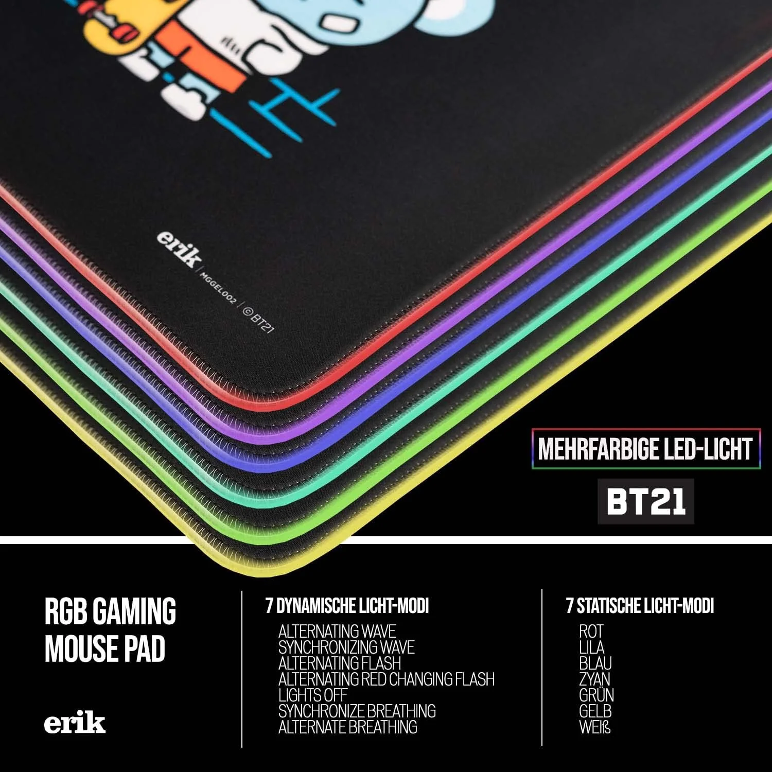 Mousepad - Mauspad LED BT21 - RGB Mauspad XXL 14 LED-Licht-Modus mit rutschfestem Gummigrundfläche und USB-Kabel - Mousepad XXL - Gaming mauspad 900 x 400 x 40 mm - BT21 Fanartikel - BE ARMY! - Image 6