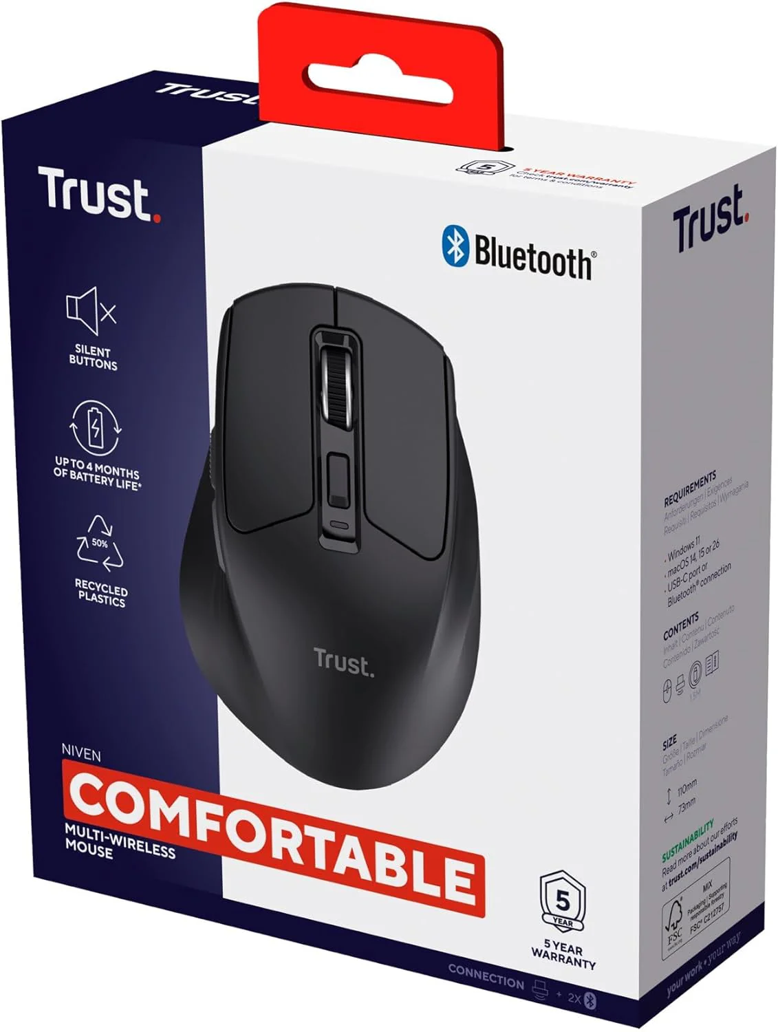 Trust Niven Mouse Wireless Bluetooth + 2.4GHz, Pulsanti Silenziosi, 800-3200 DPI, 50% Plastica Riciclata, Comodo Mouse Bluetooth Ricaricabile Multi-Dispositivo per PC Mac, Nero - Image 2