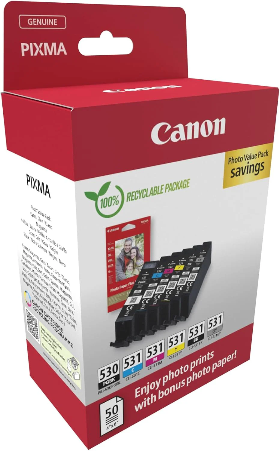Canon PGI-530 / CLI-531 Genuine Ink Cartridges, Pack of 6 (2 x Black, Cyan, Magenta, Yellow, Grey), Includes 50 Sheets of 4x6 Photo Paper - Compatible with PIXMA TS8750 / TS8751 - Image 4