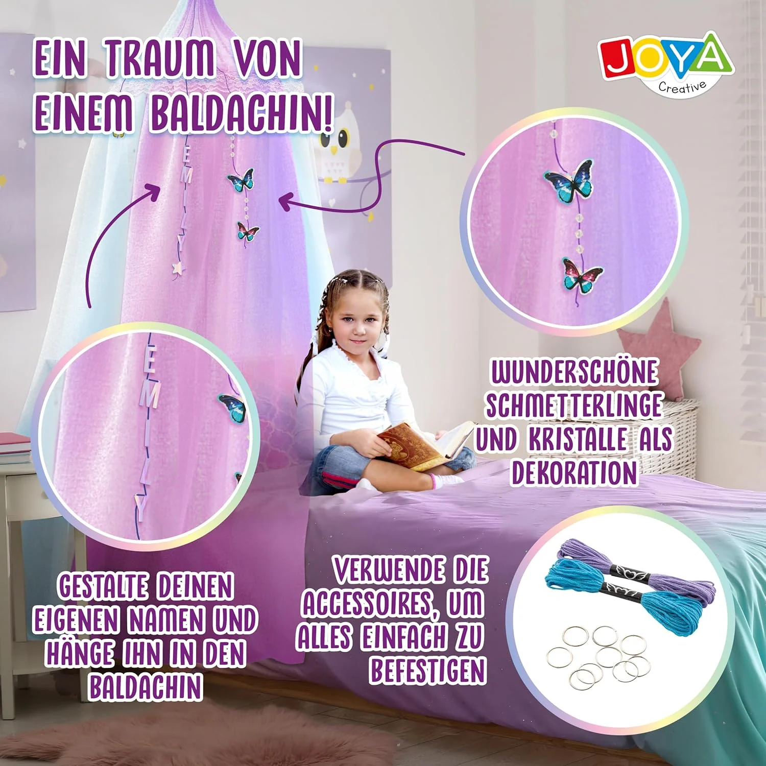Bedhemel zelf vormgeven – 275-delige doe-het-zelfset met vlinders, diamanten en letters – droomhemel voor kinderkamer – muggennet, baldakijn, decoratie voor meisjes - Image 3