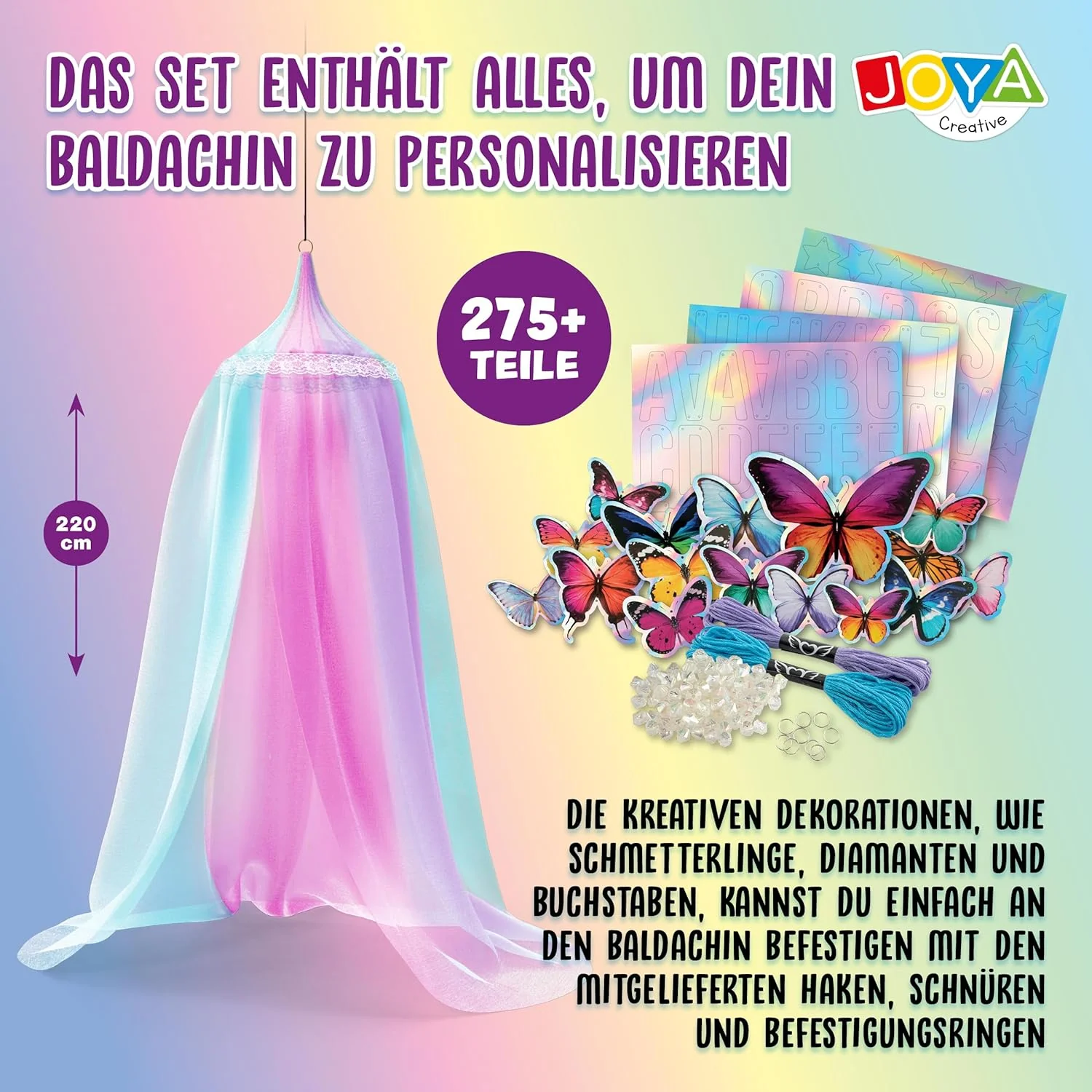 Bedhemel zelf vormgeven – 275-delige doe-het-zelfset met vlinders, diamanten en letters – droomhemel voor kinderkamer – muggennet, baldakijn, decoratie voor meisjes - Image 5
